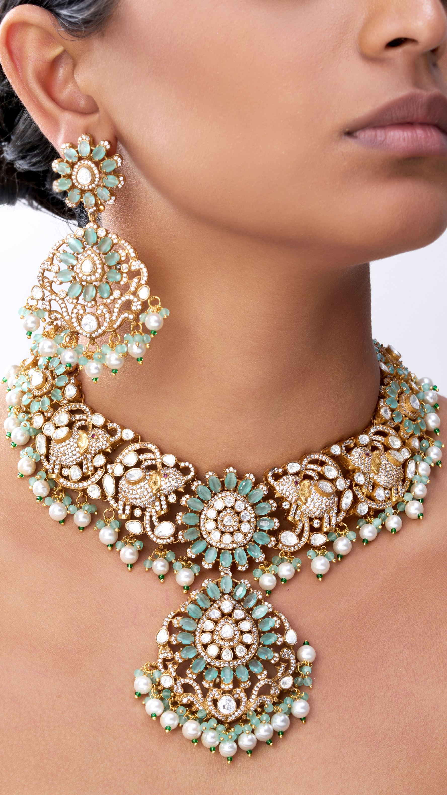 VEDIKA HANDCRAFTED ELEPHANT BRIDAL NECKLACE SET -AQUA COLOUR