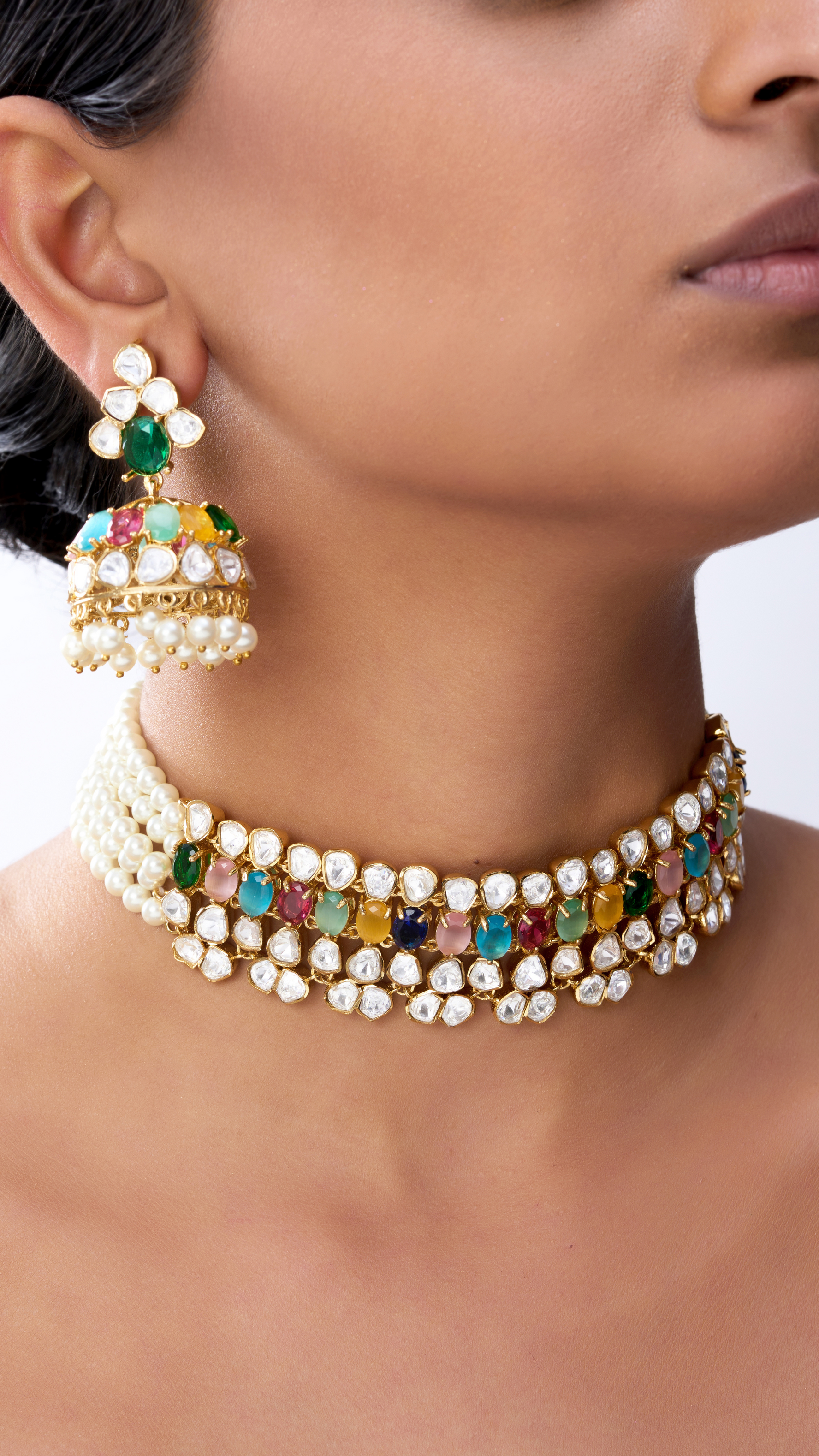 VIRASAT KUNDAN PURE STONE CHOKER -MULTI COLOUR NECKLACE SET