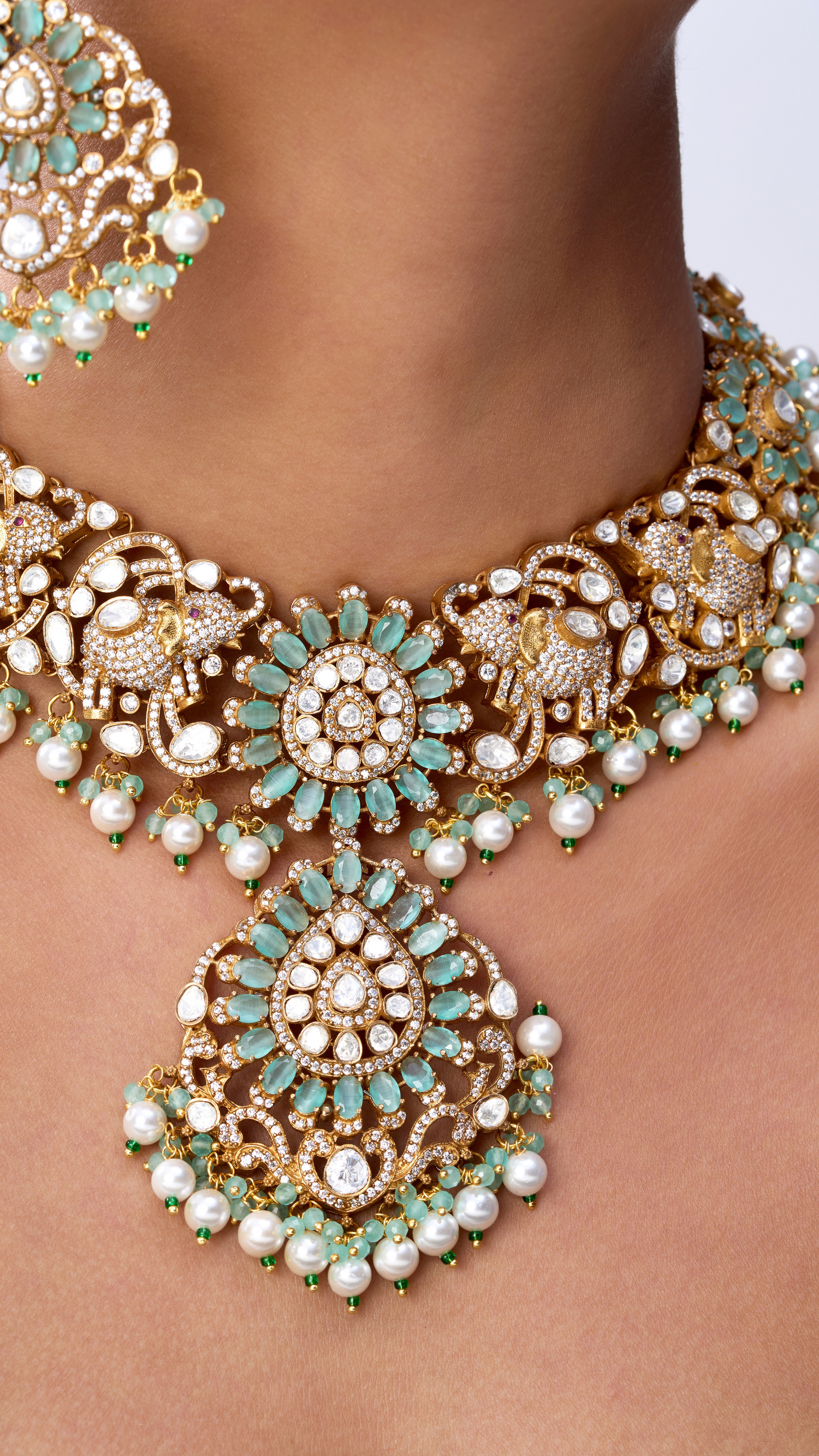 VEDIKA HANDCRAFTED ELEPHANT BRIDAL NECKLACE SET -AQUA COLOUR