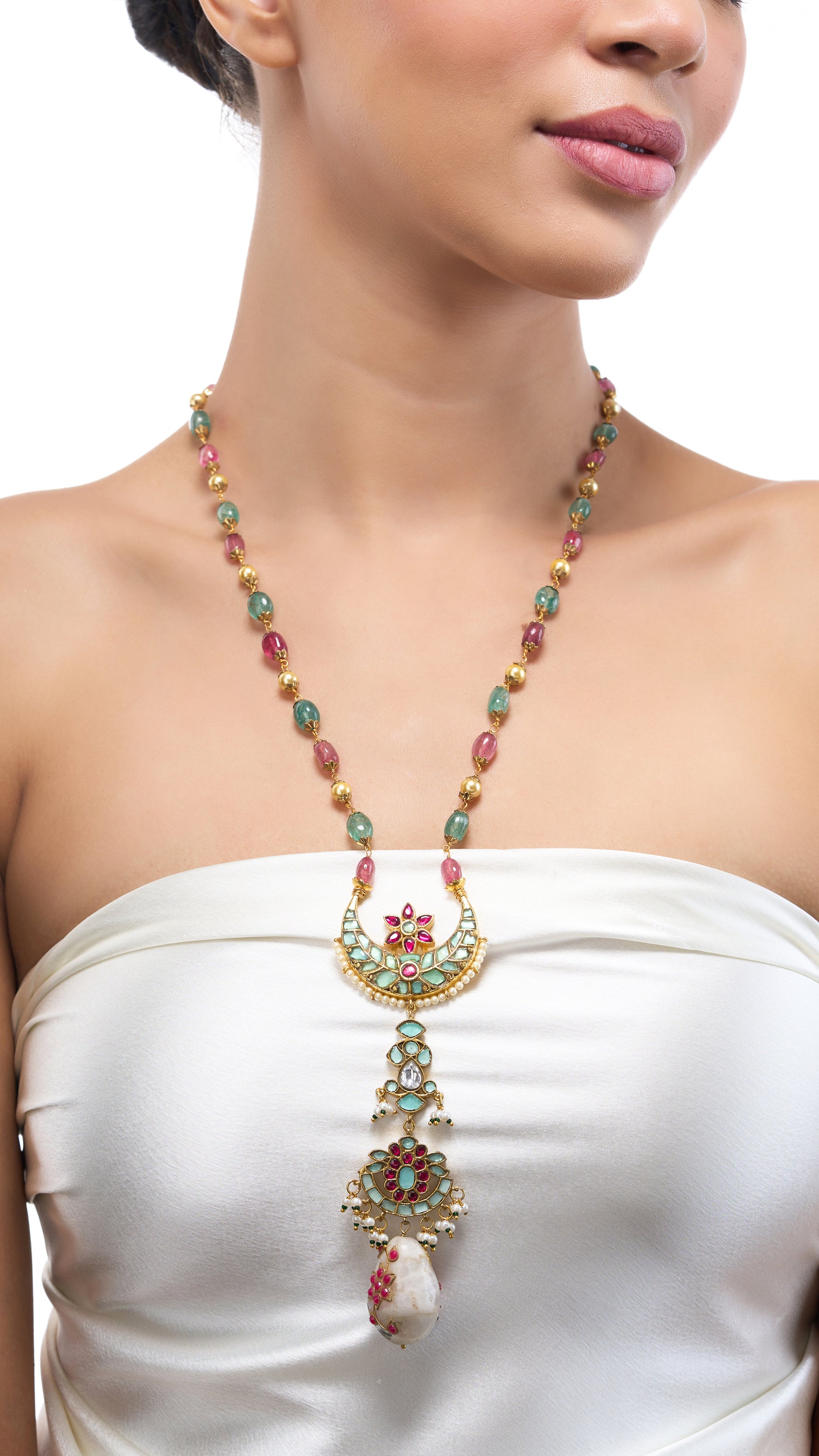 FIROZA HAND ENAMEL NECKLACE WITH PURE PEARLS & SEMI PRECIOUS STONES