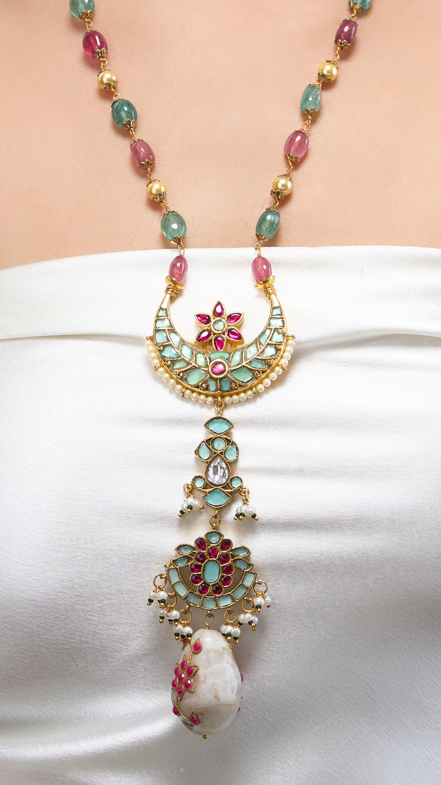 FIROZA HAND ENAMEL NECKLACE WITH PURE PEARLS & SEMI PRECIOUS STONES