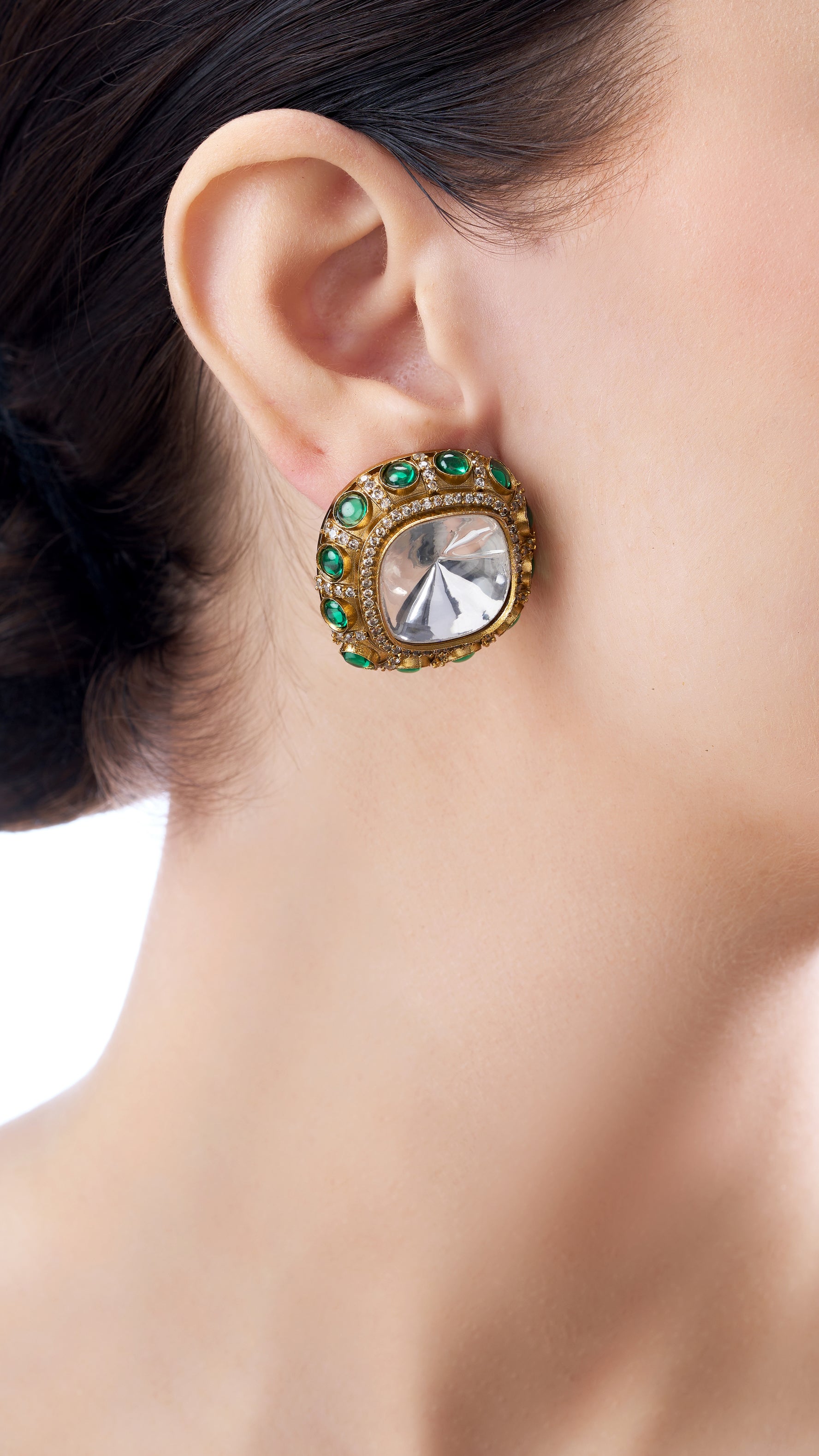 RANI  POLKI STUDS WITH SEMI PRECIOUS STONES IN GREEN