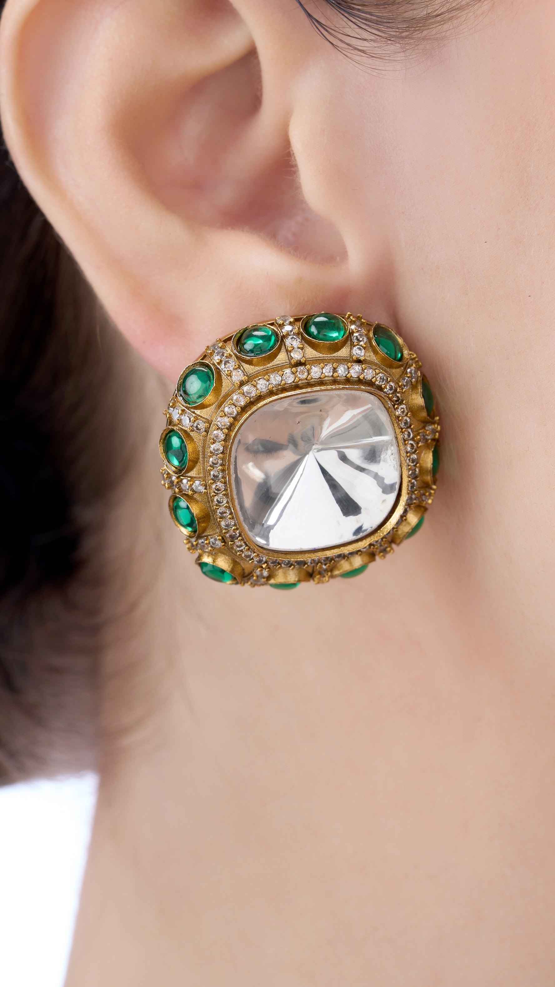 RANI  POLKI STUDS WITH SEMI PRECIOUS STONES IN GREEN