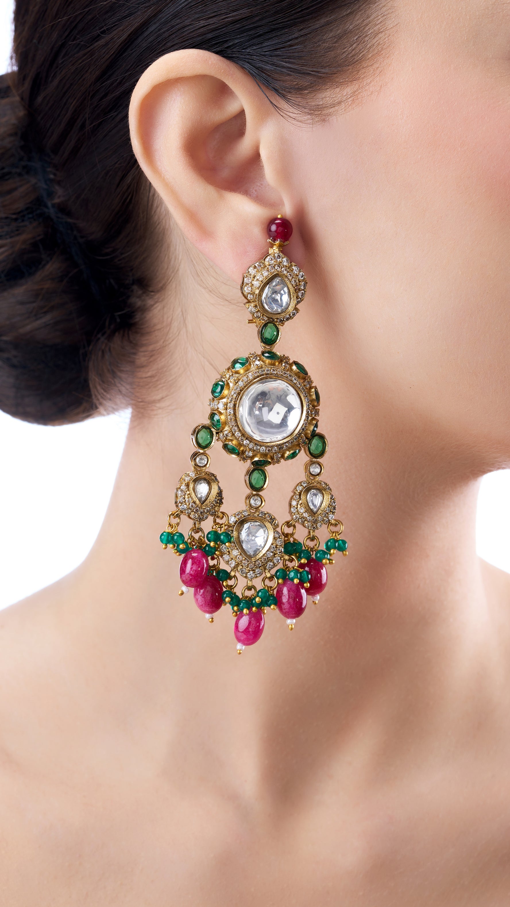 NIRBHAYA CHANDELIER CHANDBALI EARRINGS WITH SEMI PRECIOUS STONES IN RED AND GREEN