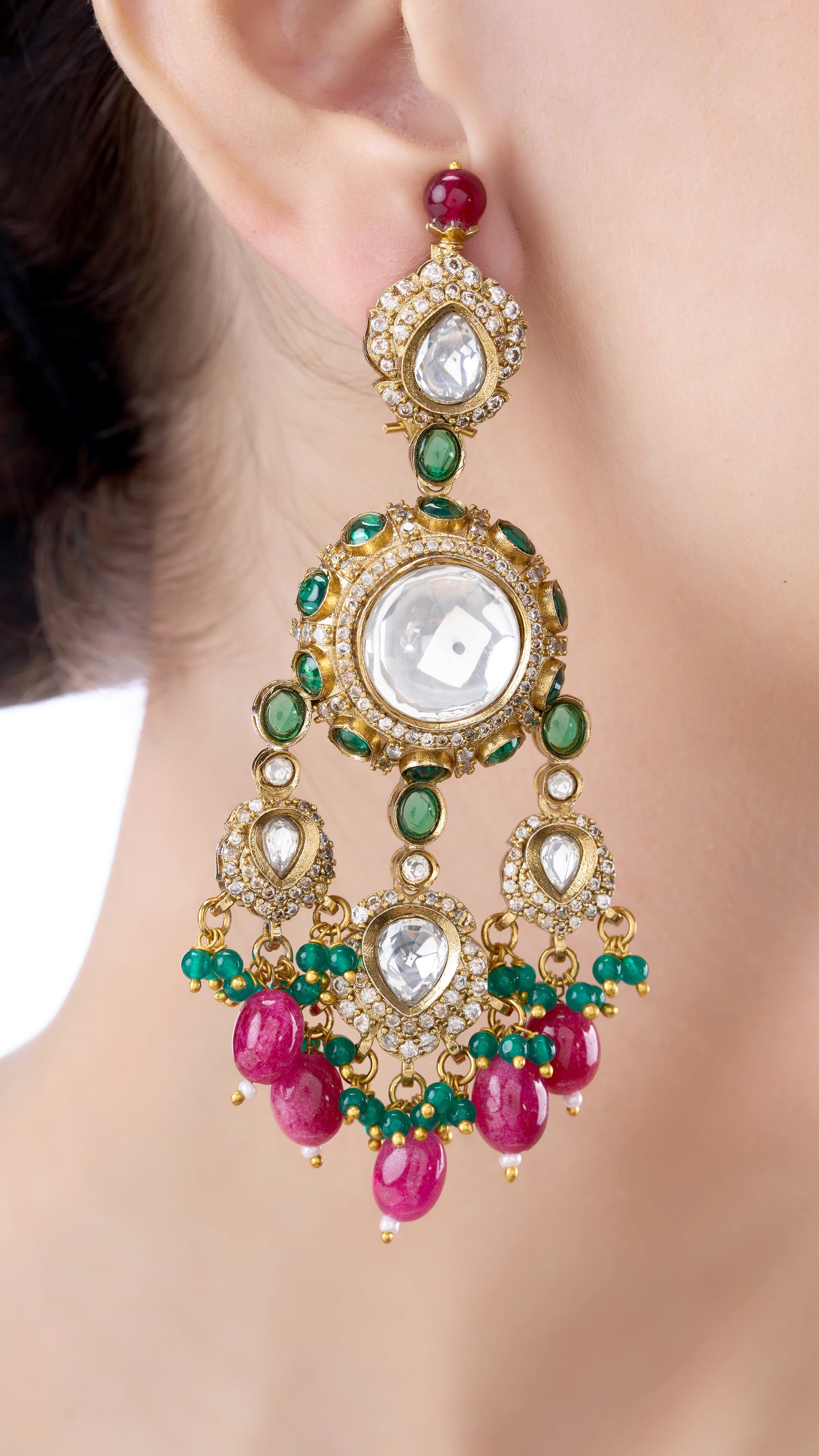 NIRBHAYA CHANDELIER CHANDBALI EARRINGS WITH SEMI PRECIOUS STONES IN RED AND GREEN