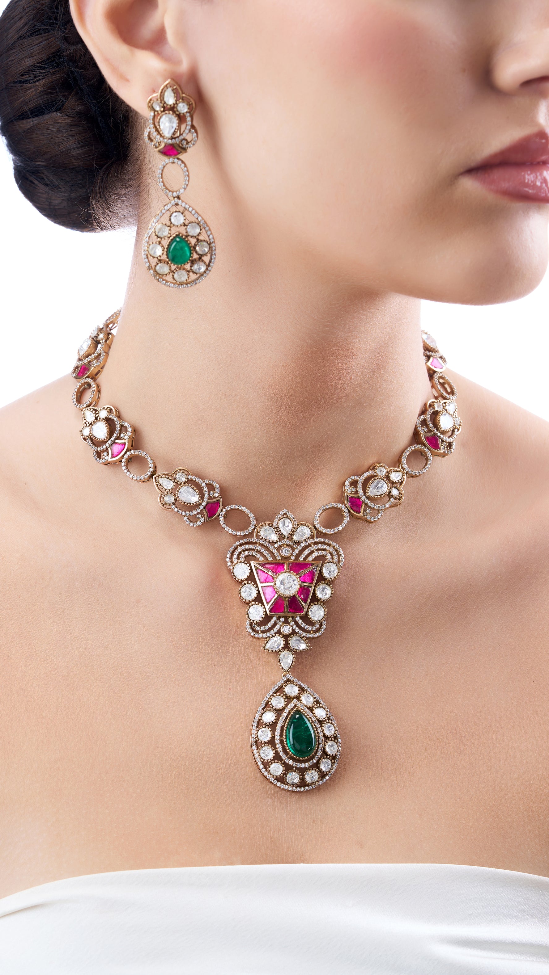 KUNDALINI POLKI NECKLACE SET WITH PURE MEENA AND SEMI PRECIOUS STONES IN GREEN