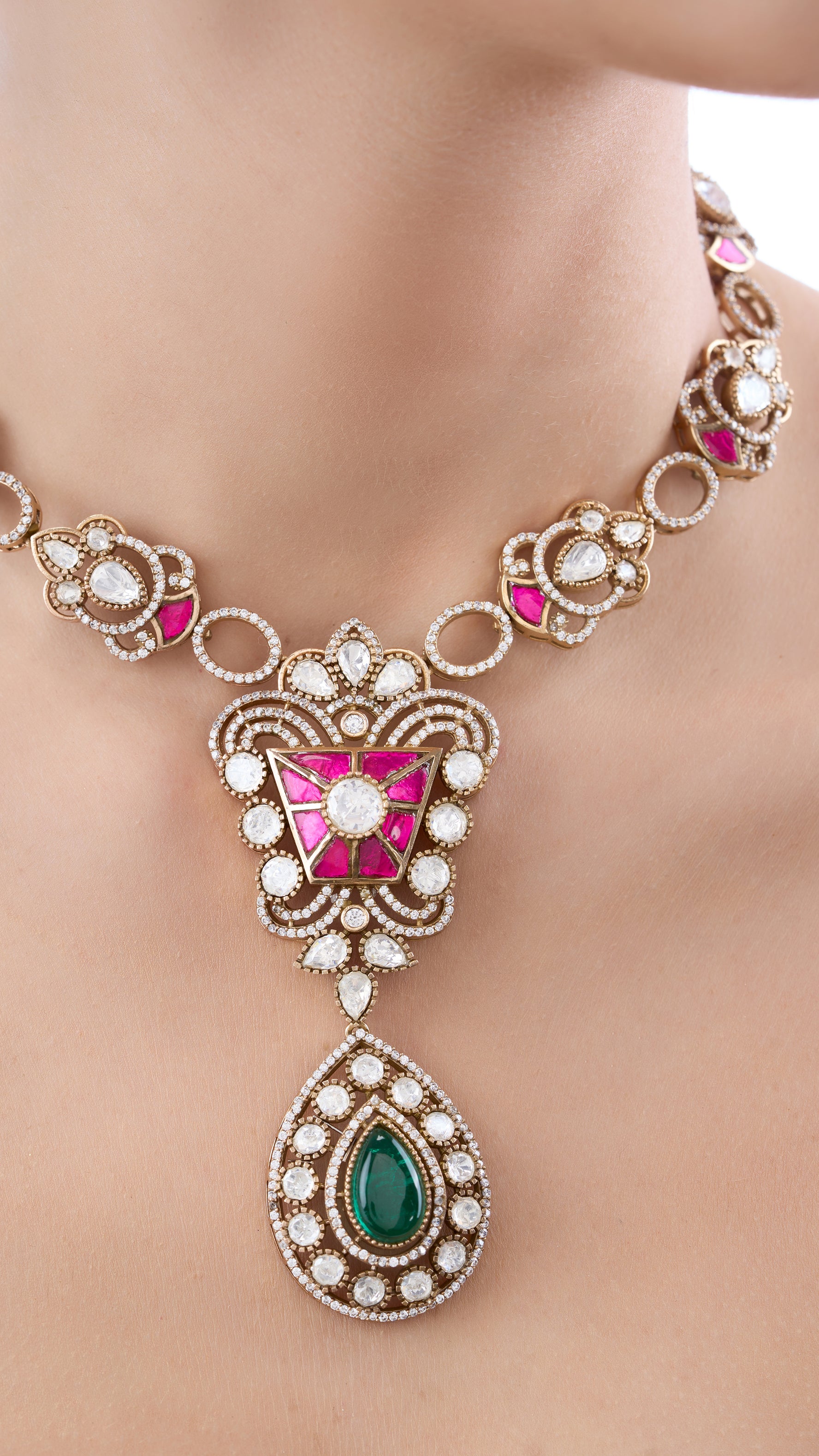 KUNDALINI POLKI NECKLACE SET WITH PURE MEENA AND SEMI PRECIOUS STONES IN GREEN