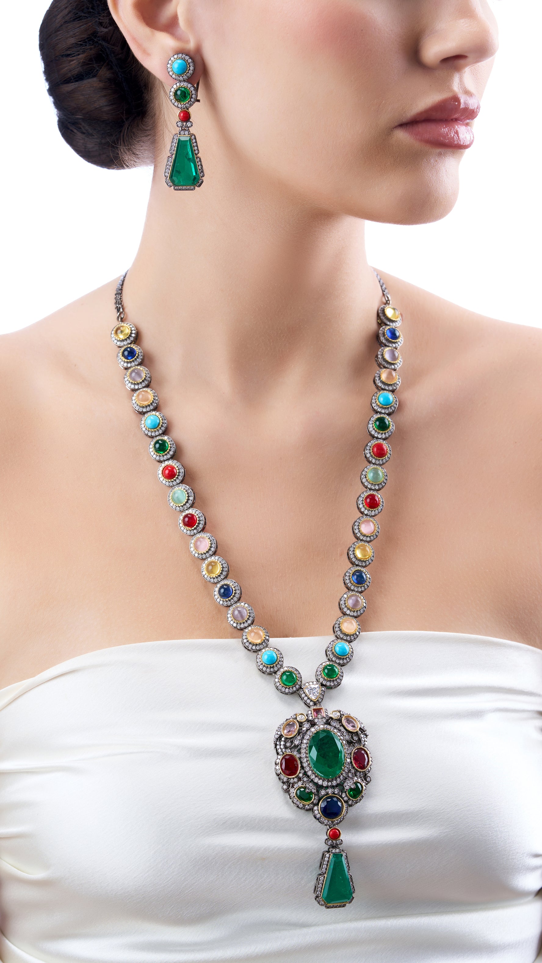 VEERANGANA LONG MULTI COLOUR SEMI PRECIOUS STONE NECKLACE SET