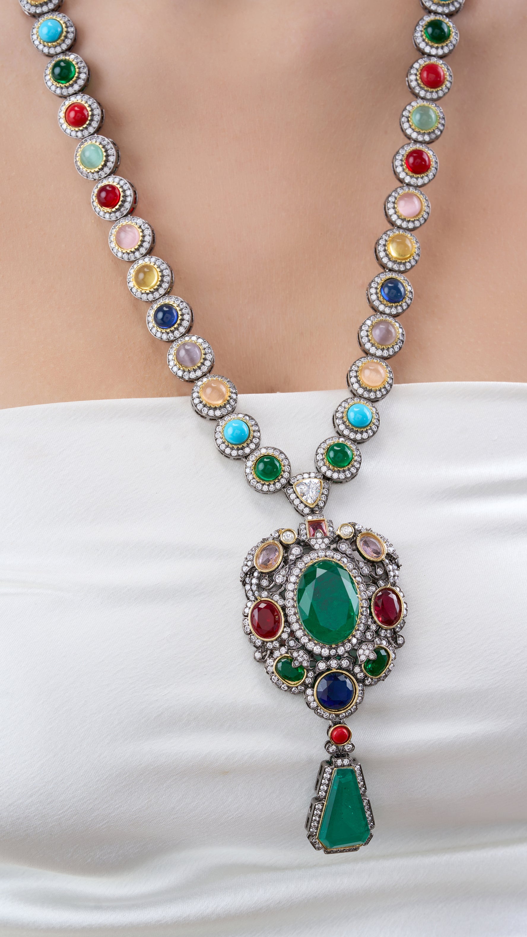 VEERANGANA LONG MULTI COLOUR SEMI PRECIOUS STONE NECKLACE SET