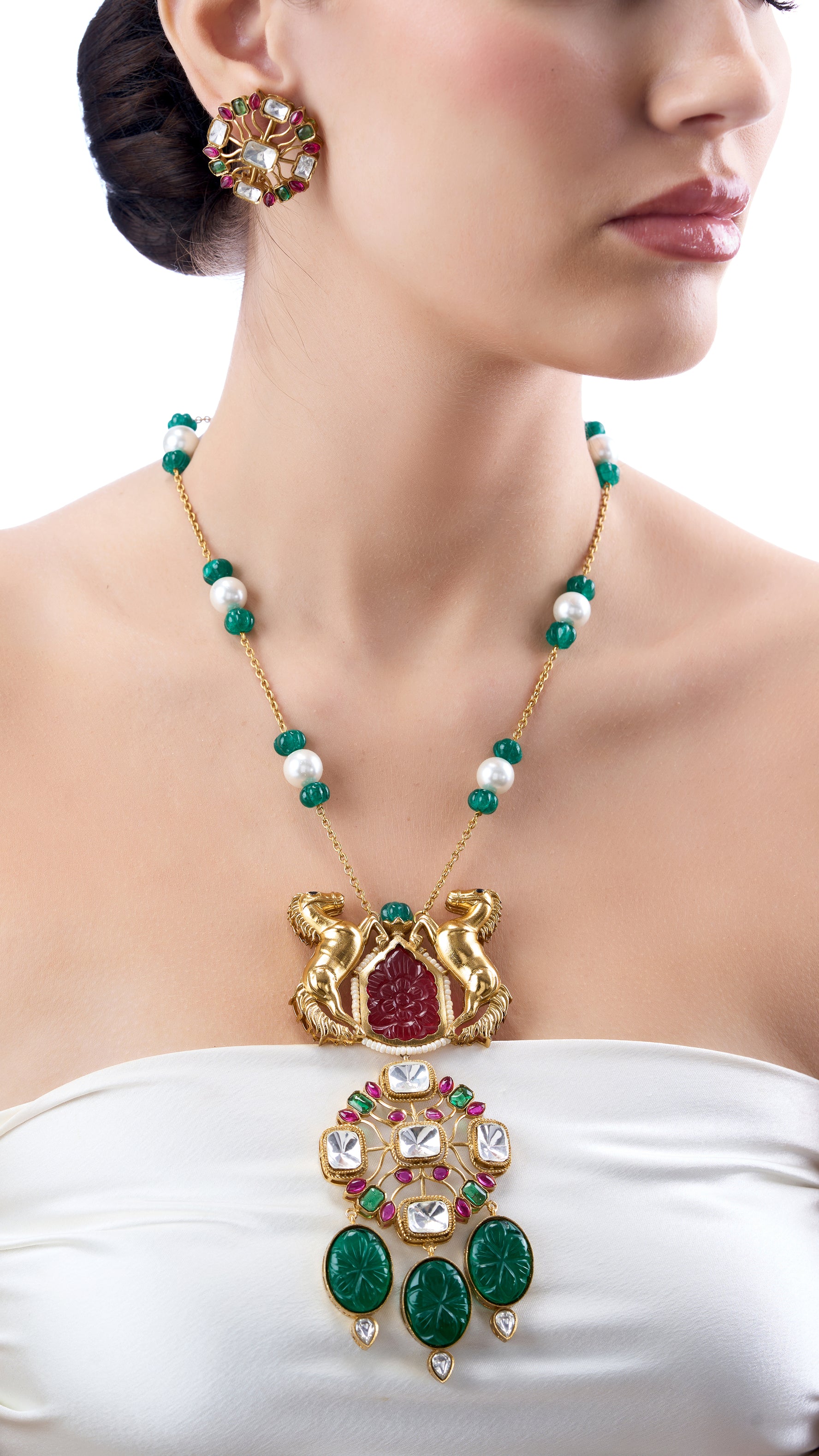 IRA FILIGREE GOLD FOIL NECKLACE SET WITH GREEN TUMBLES, MONALISA STONE AND PEARLS