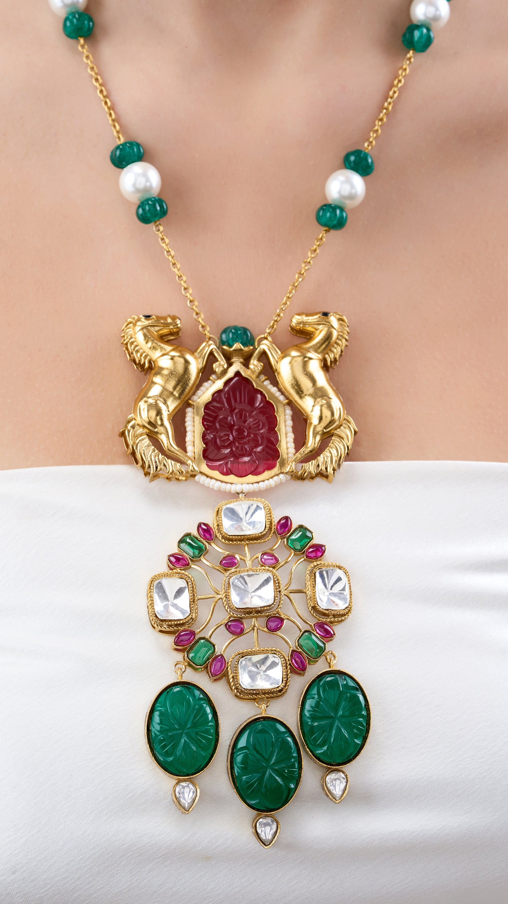 IRA FILIGREE GOLD FOIL NECKLACE SET WITH GREEN TUMBLES, MONALISA STONE AND PEARLS