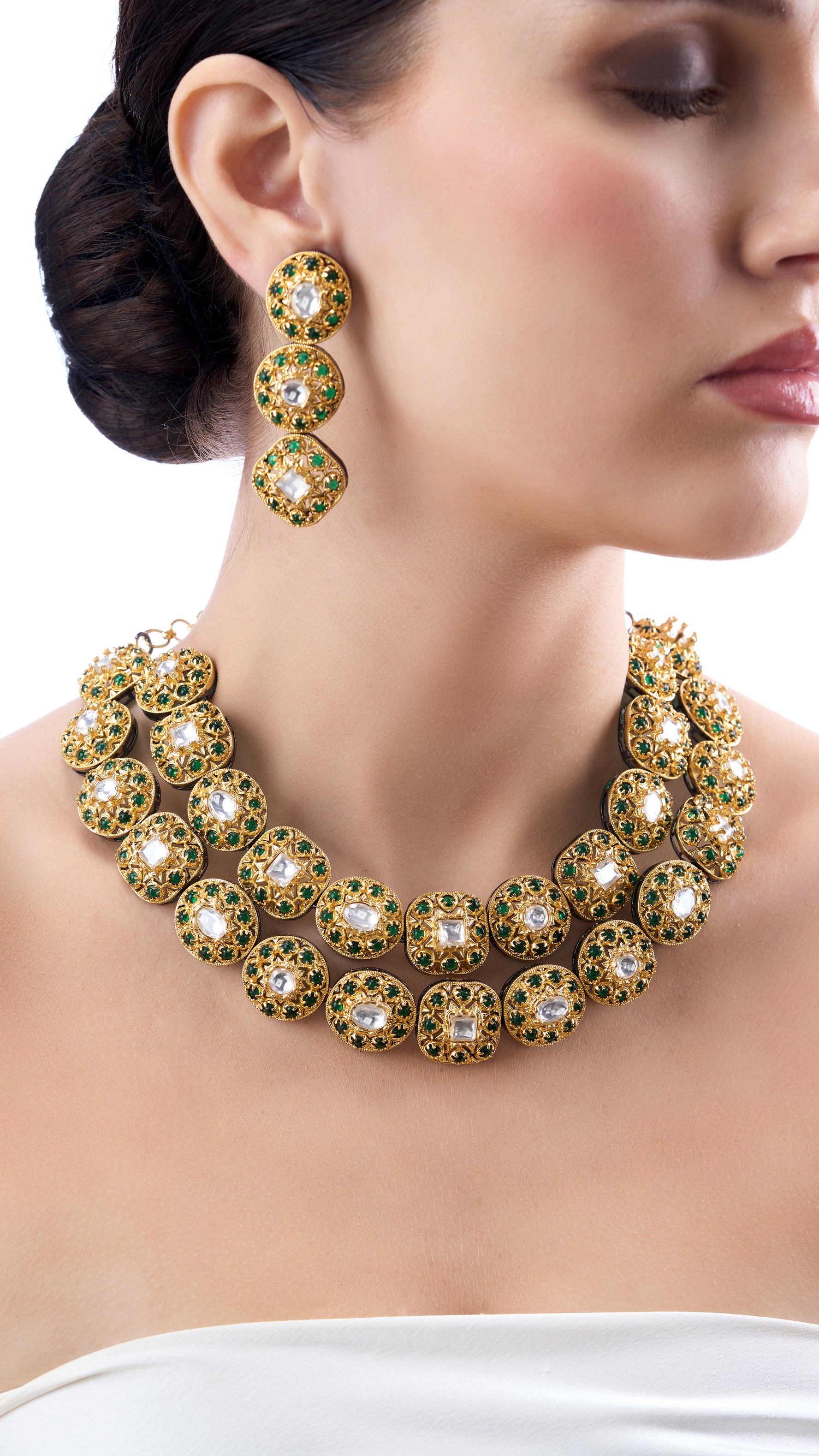 TANUSHRI DOUBLE LAYER GOLD FOIL FILIGREE NECKLACE SET WITH SEMI PRECIOUS STONES IN GREEN