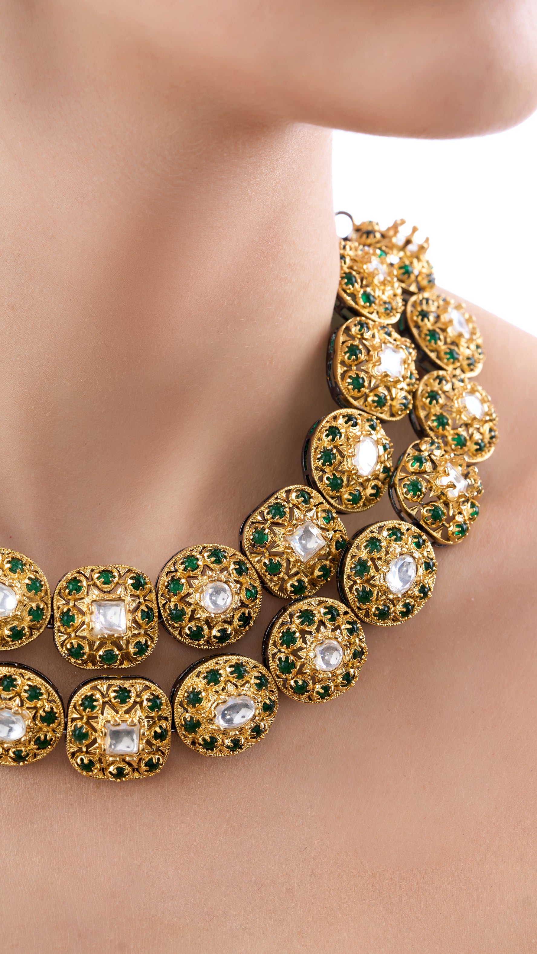 TANUSHRI DOUBLE LAYER GOLD FOIL FILIGREE NECKLACE SET WITH SEMI PRECIOUS STONES IN GREEN