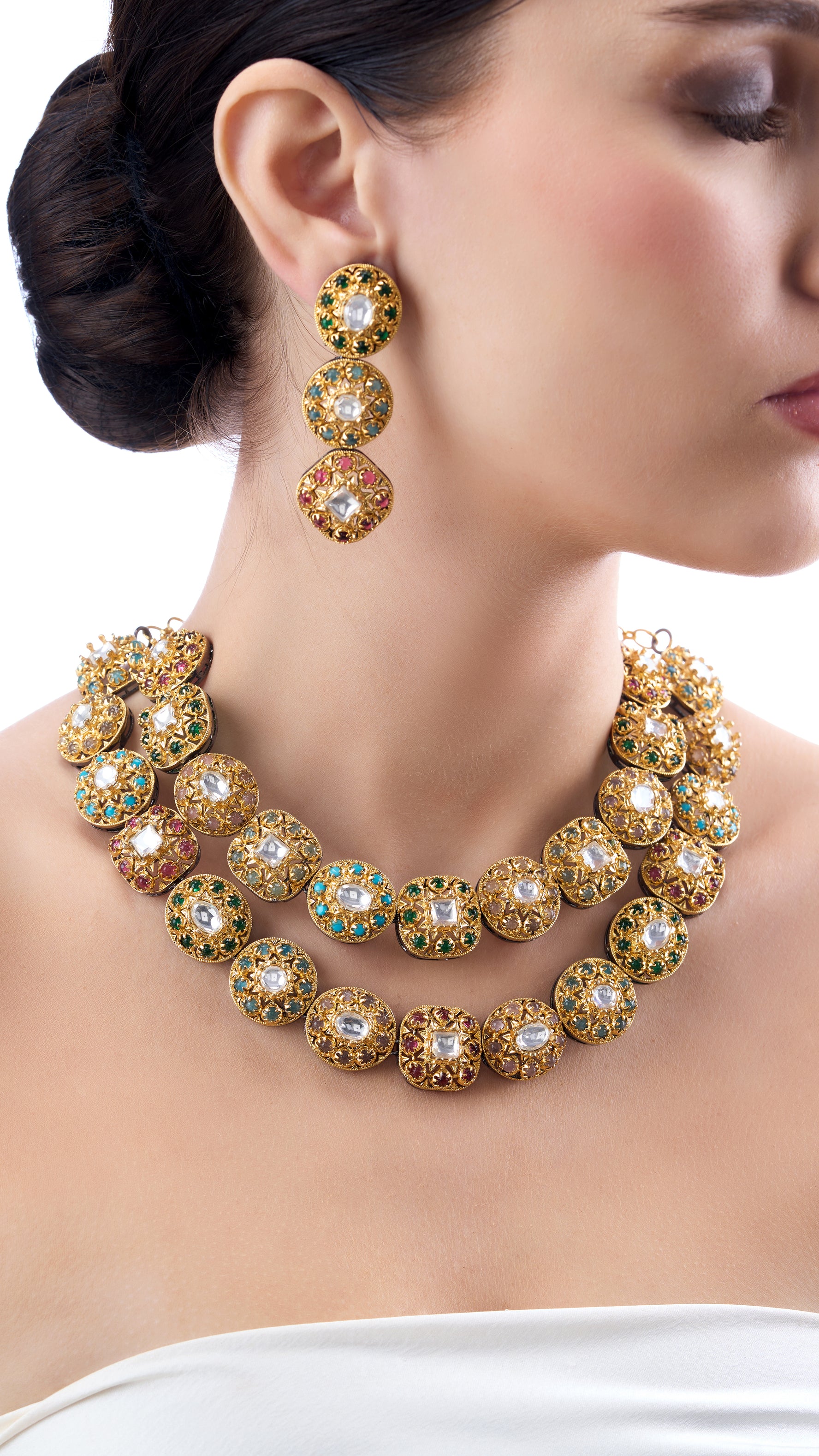 ISHWARI  DOUBLE LAYER GOLD FOIL FILIGREE NECKLACE SET WITH SEMI PRECIOUS STONES IN MUTI COLOUR
