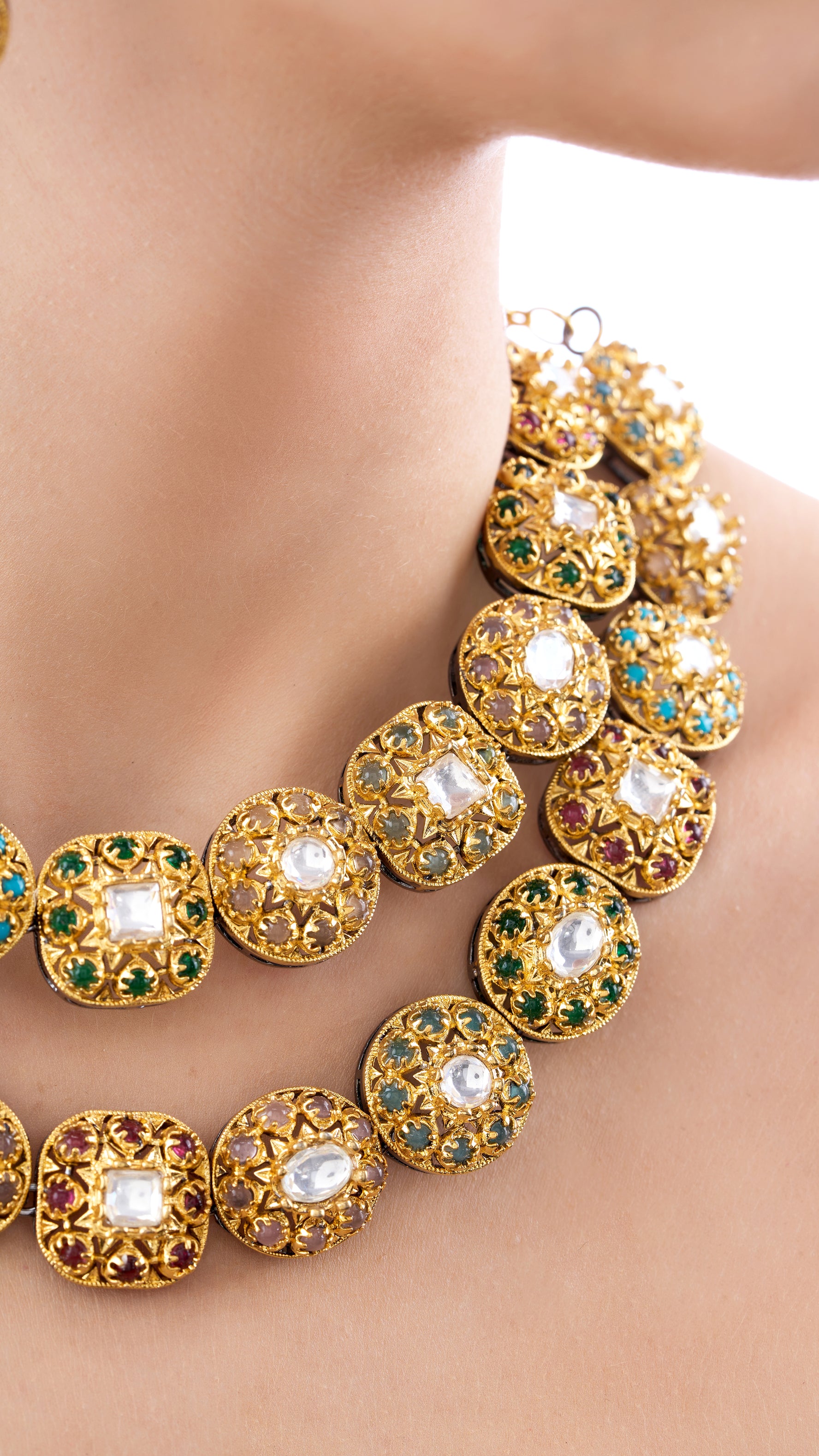 ISHWARI  DOUBLE LAYER GOLD FOIL FILIGREE NECKLACE SET WITH SEMI PRECIOUS STONES IN MUTI COLOUR