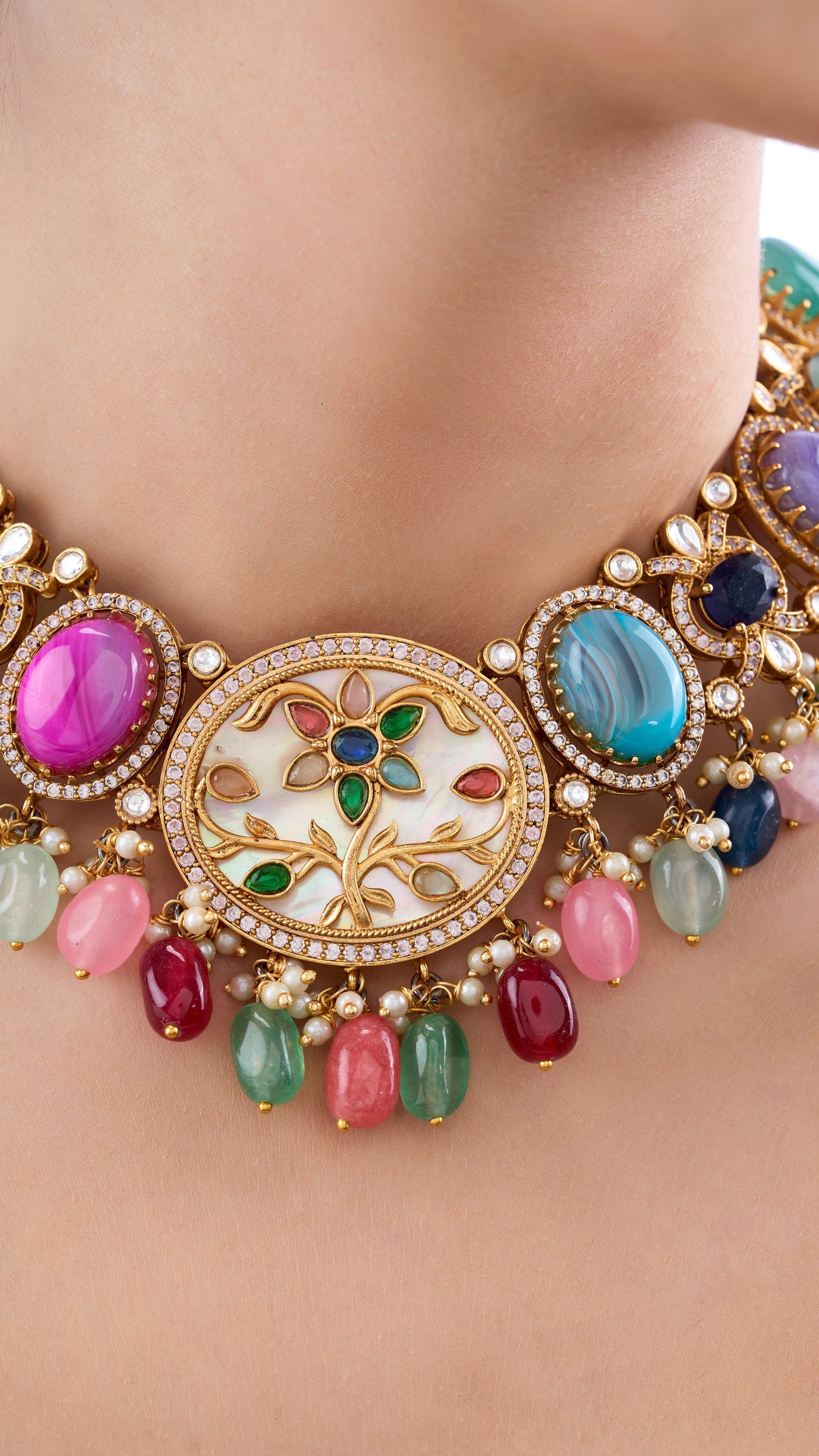 VIDHATRI HALDINI MOTHER OF PEARL CHOKER WITH SEMI PRECIOUS STONES IN MULTI COLOUR