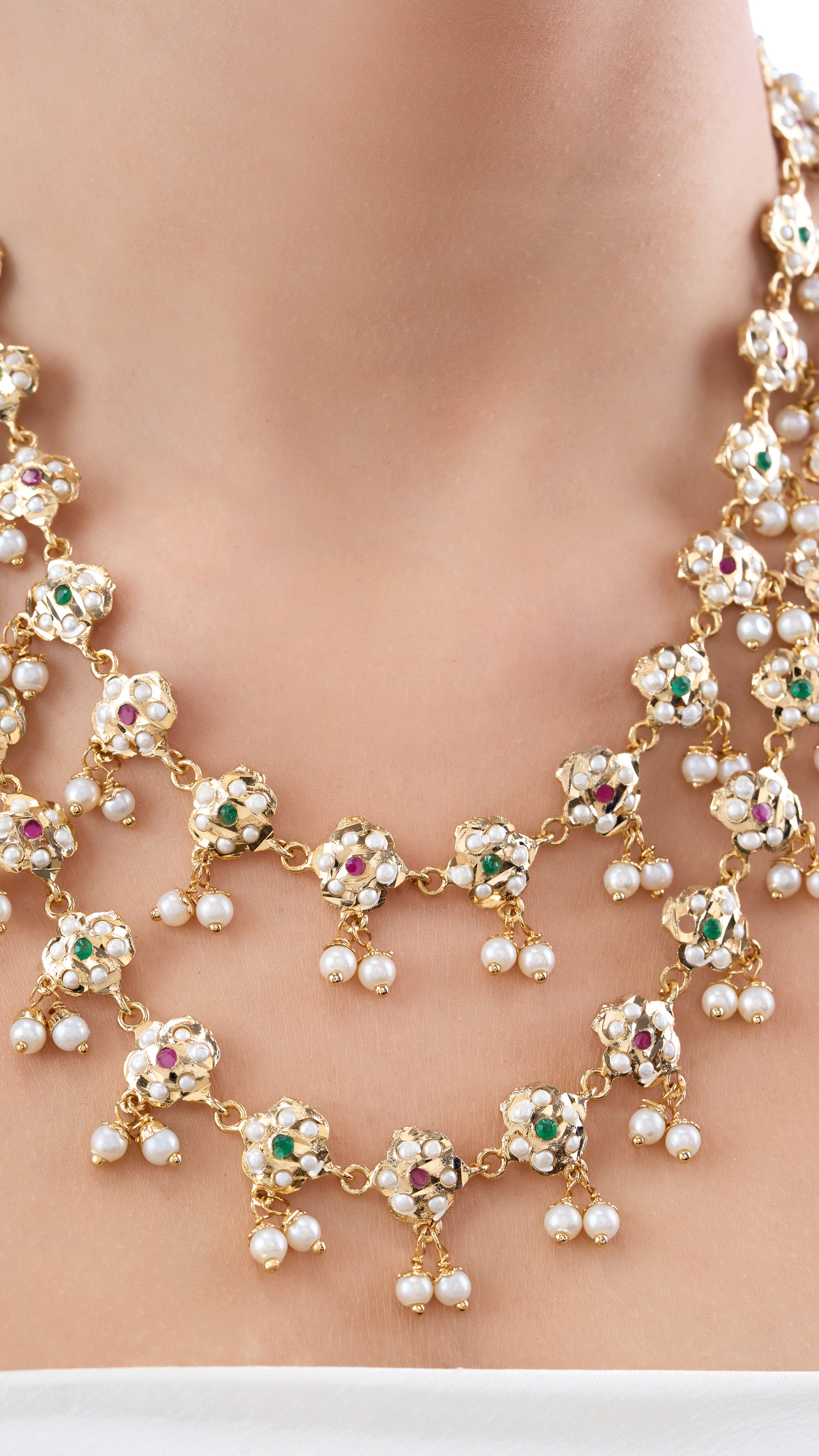 SIMRAN DOUBLE LAYER JADAU GOLD FOIL NECKLACE WITH PURE PEARLS