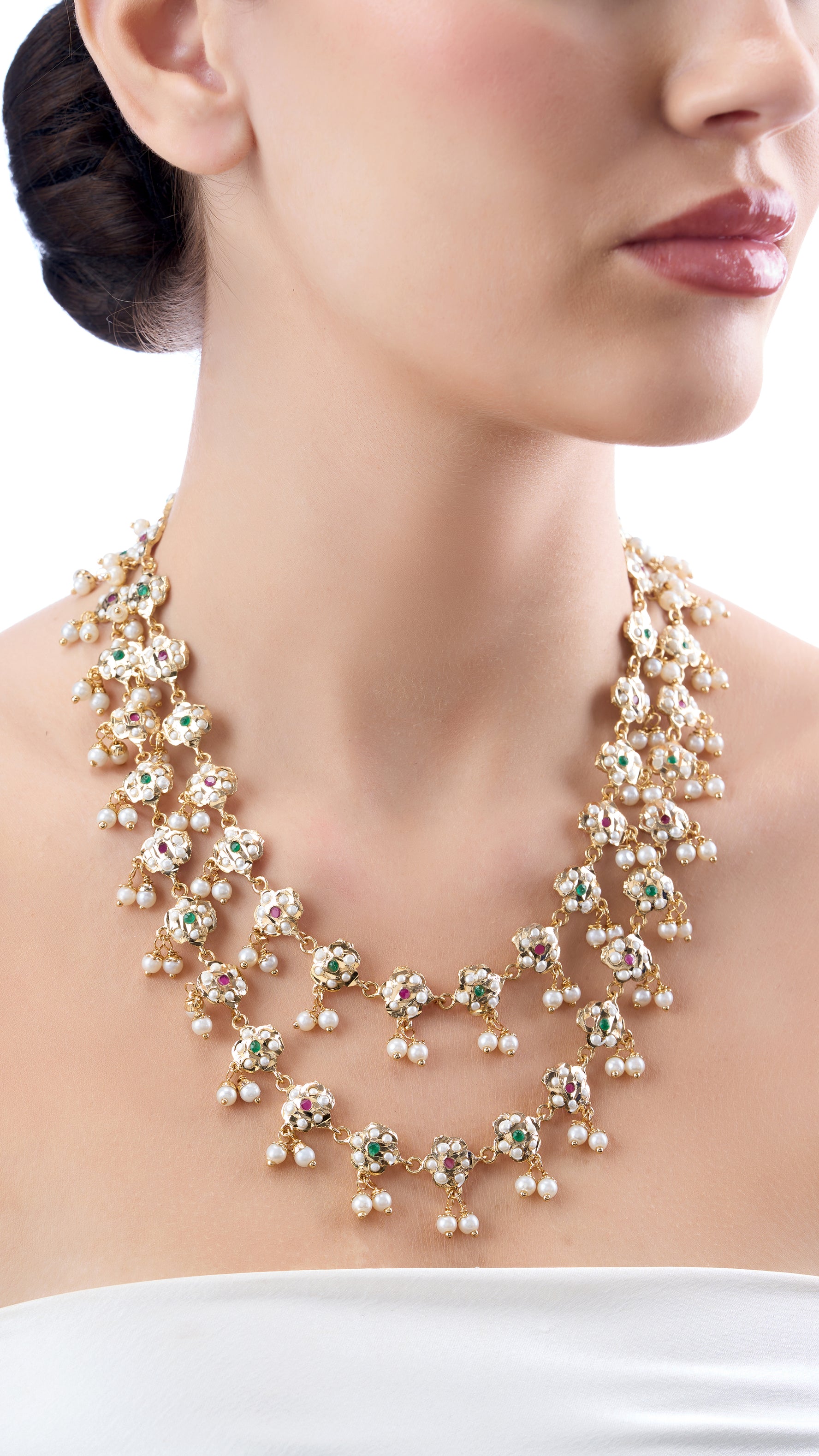 SIMRAN DOUBLE LAYER JADAU GOLD FOIL NECKLACE WITH PURE PEARLS