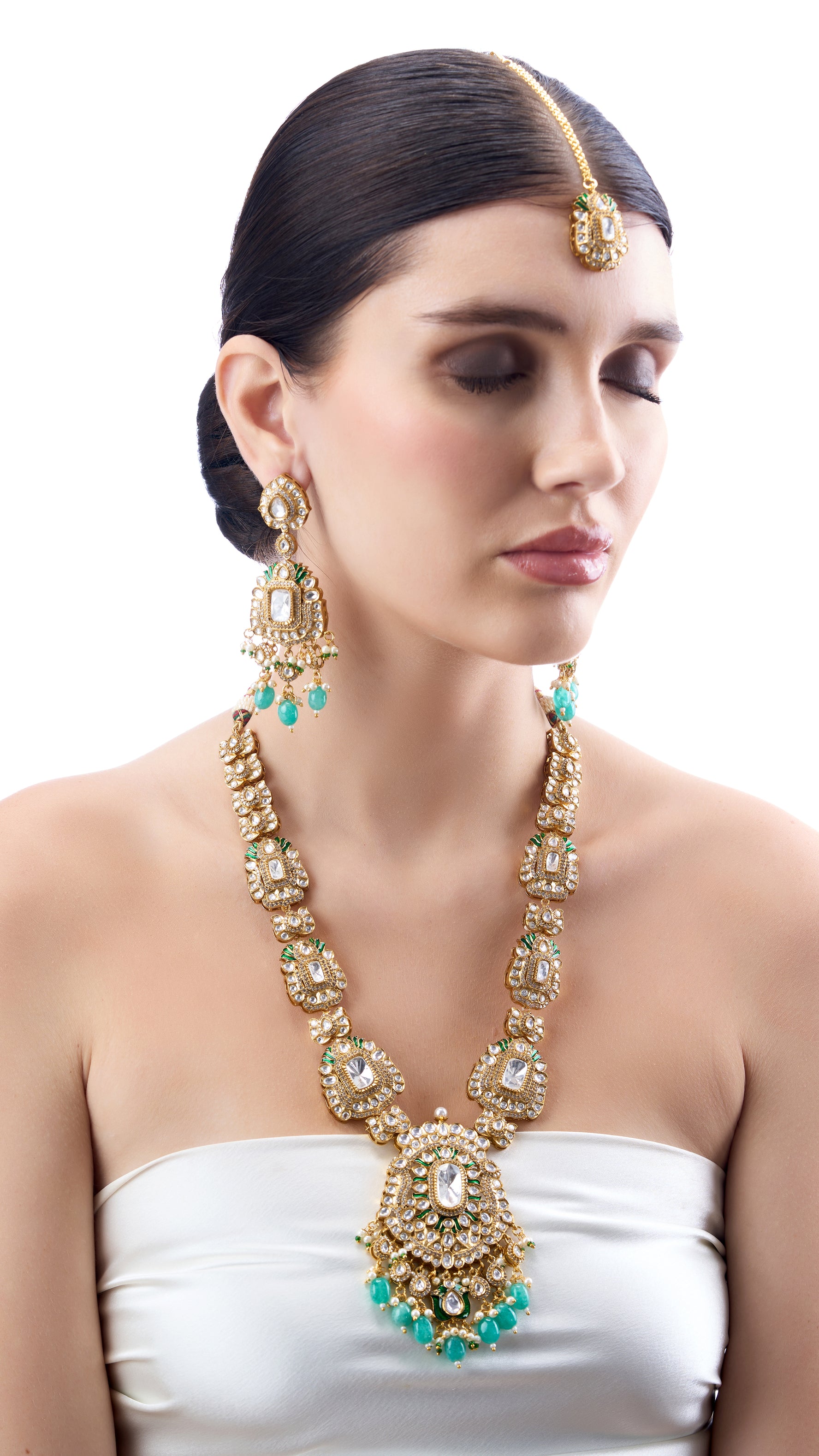 BEGUM LONG POLKI NECKLACE SET WITH SEMI PRECIOUS STONES IN AQUA