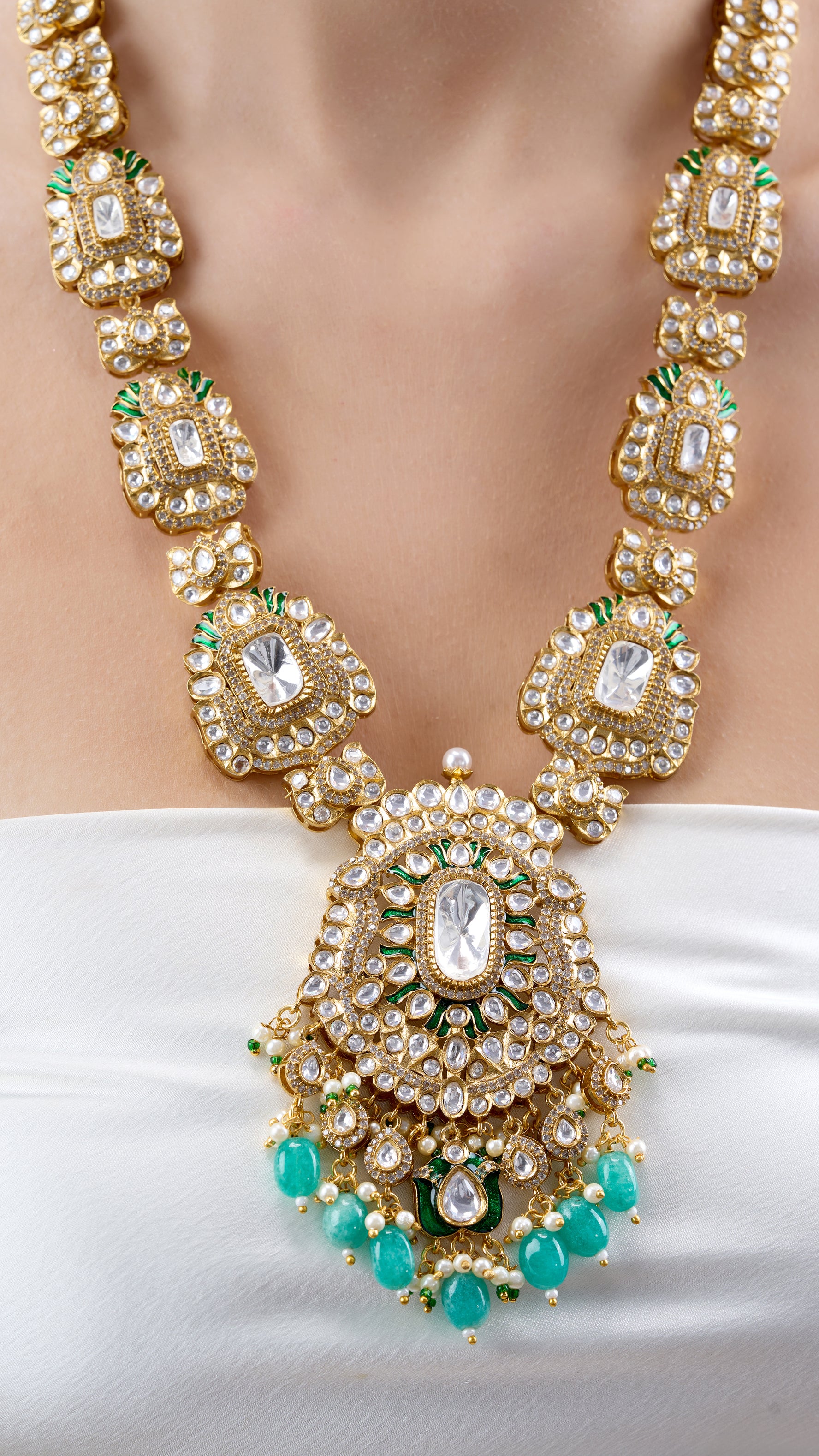 BEGUM LONG POLKI NECKLACE SET WITH SEMI PRECIOUS STONES IN AQUA