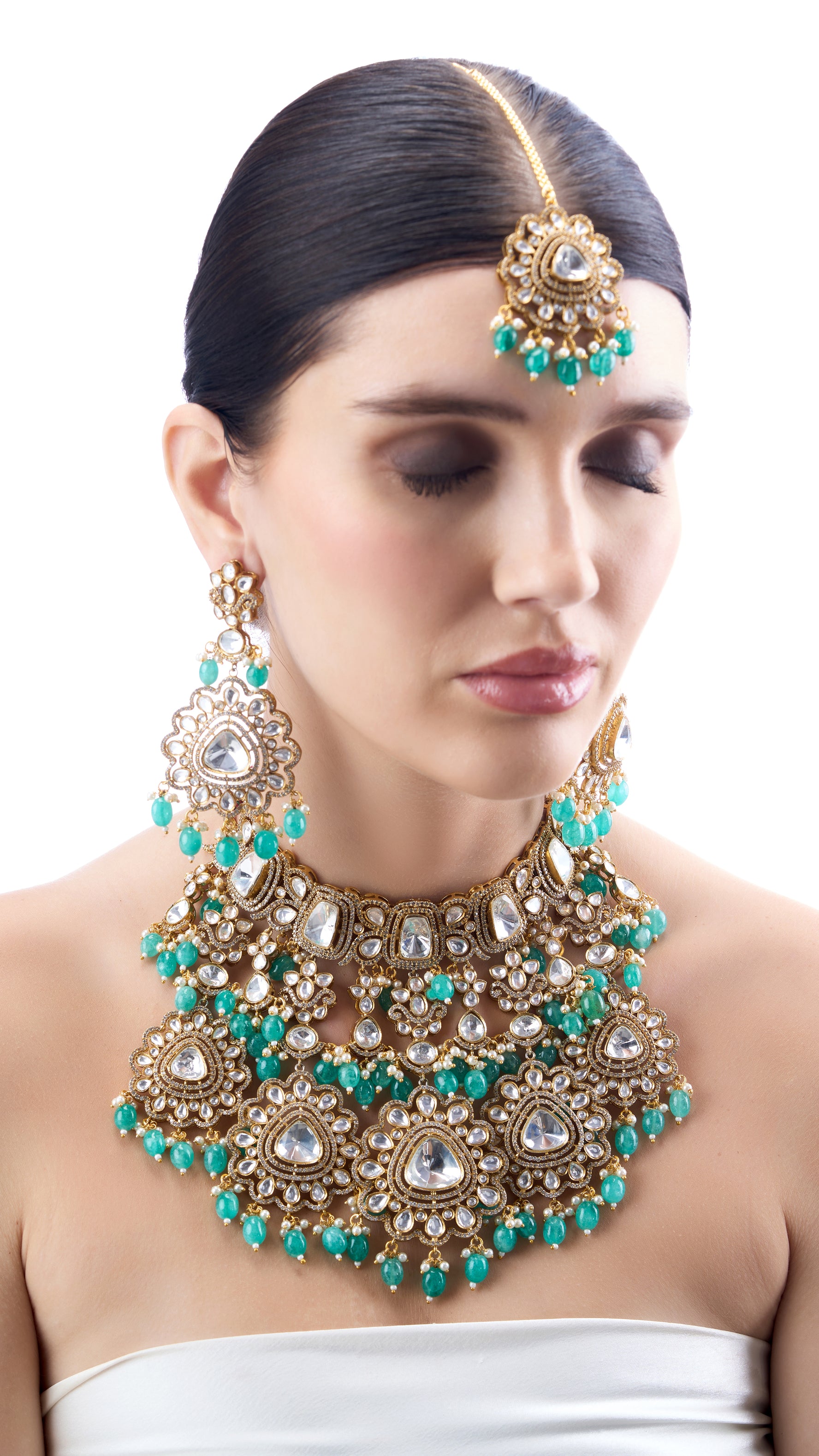 VISHAKHA POLKI DOUBLE LAYER NECKLACE WITH SEMI PRECIOUS STONES IN AQUA