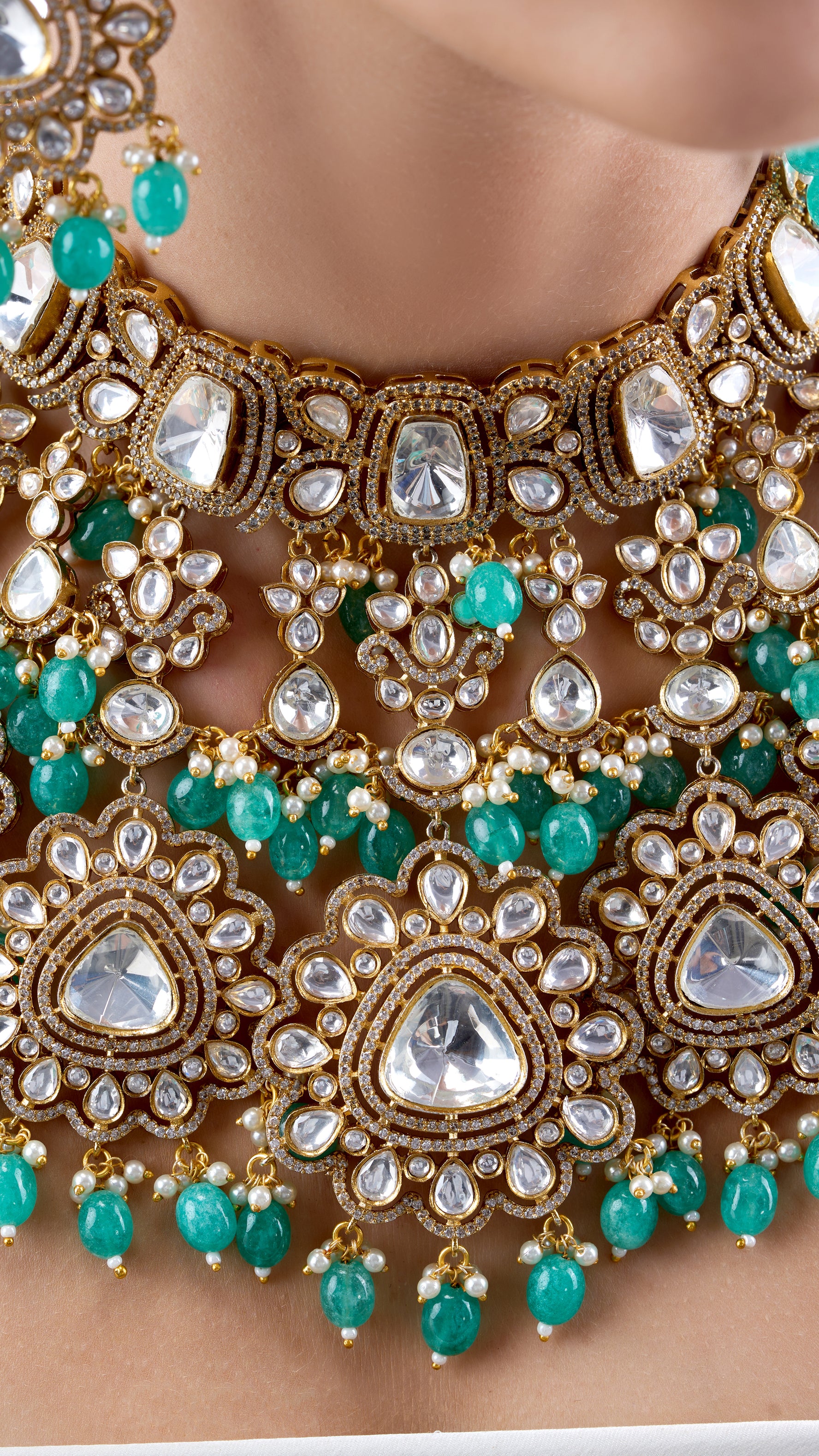 VISHAKHA POLKI DOUBLE LAYER NECKLACE WITH SEMI PRECIOUS STONES IN AQUA
