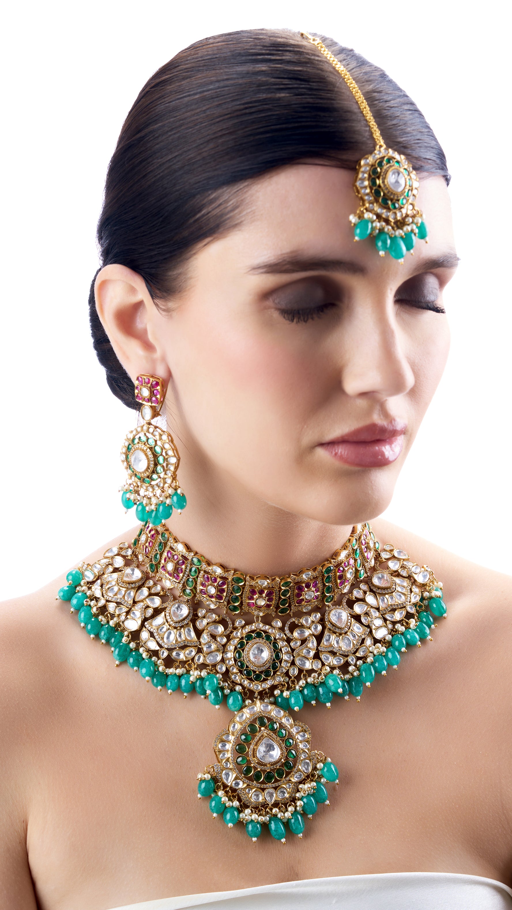 RAJESHWARI POLKI NECKLACE SET WITH SEMI PRECIOUS STONES IN AQUA