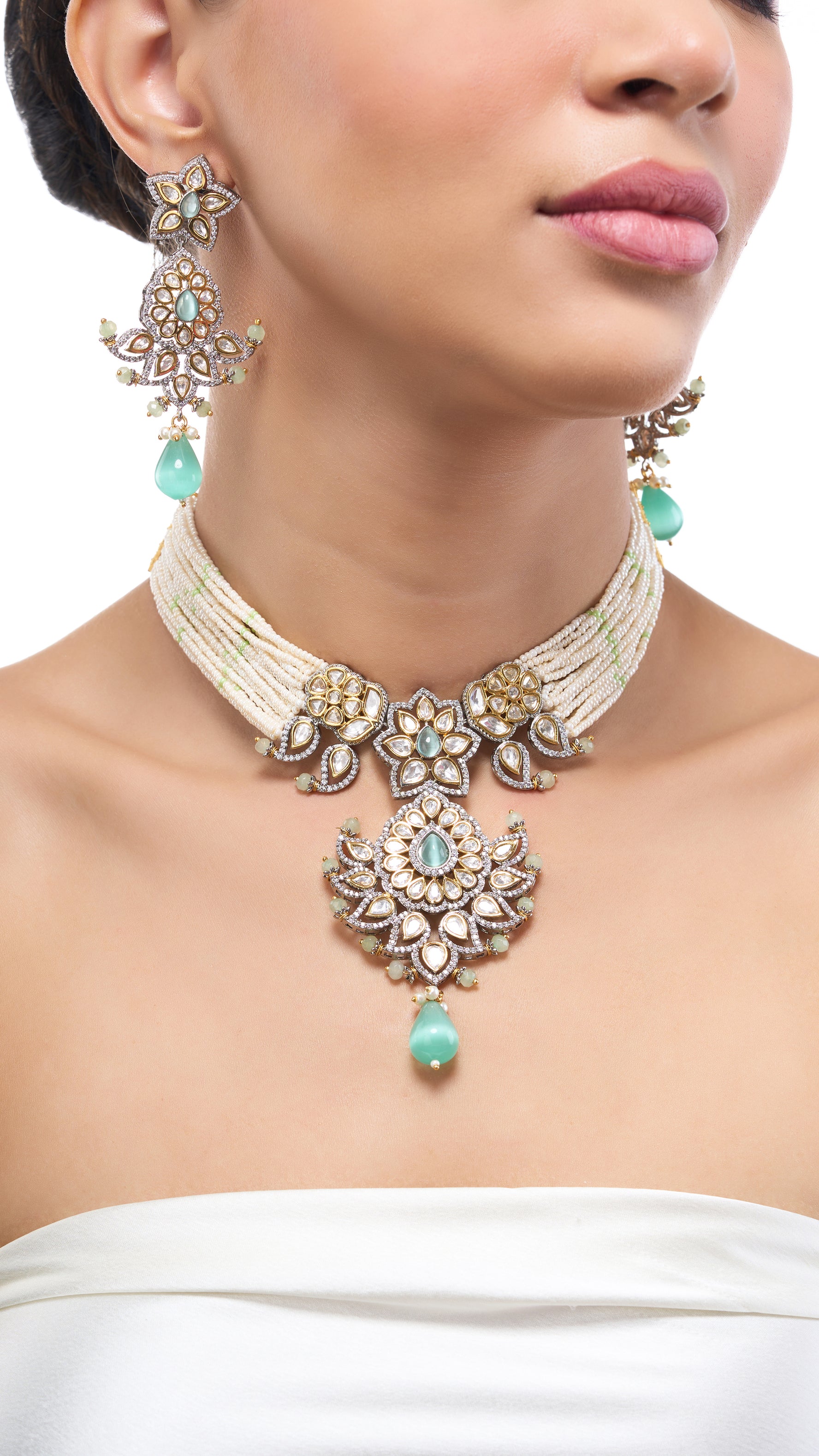 ELIZA VICTORIAN POLKI WITH PEARLS & AQUA MARINE