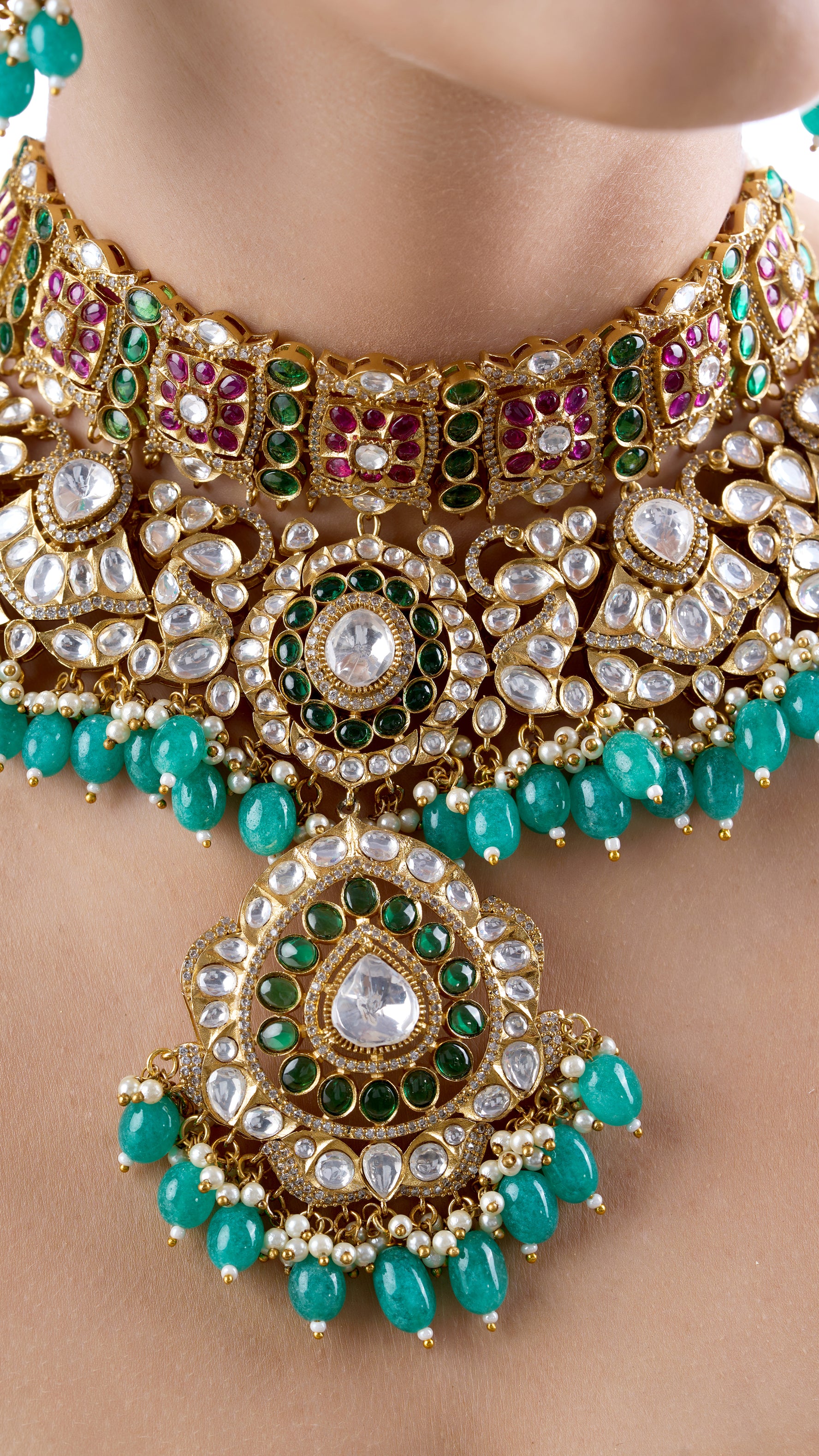 RAJESHWARI POLKI NECKLACE SET WITH SEMI PRECIOUS STONES IN AQUA