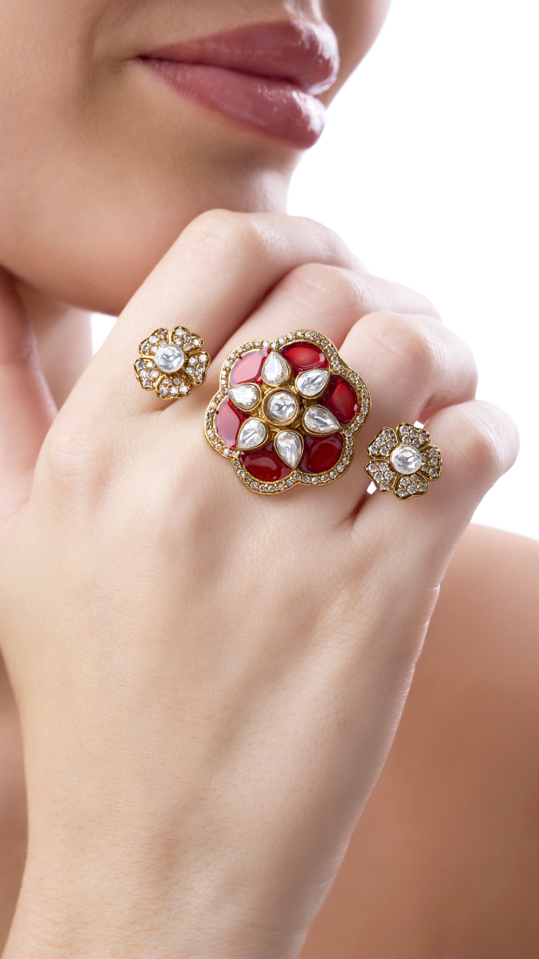 LALIMA ABSTRACT KUNDAN LEAF RING IN SEMI PRECIOUS STONES IN RED