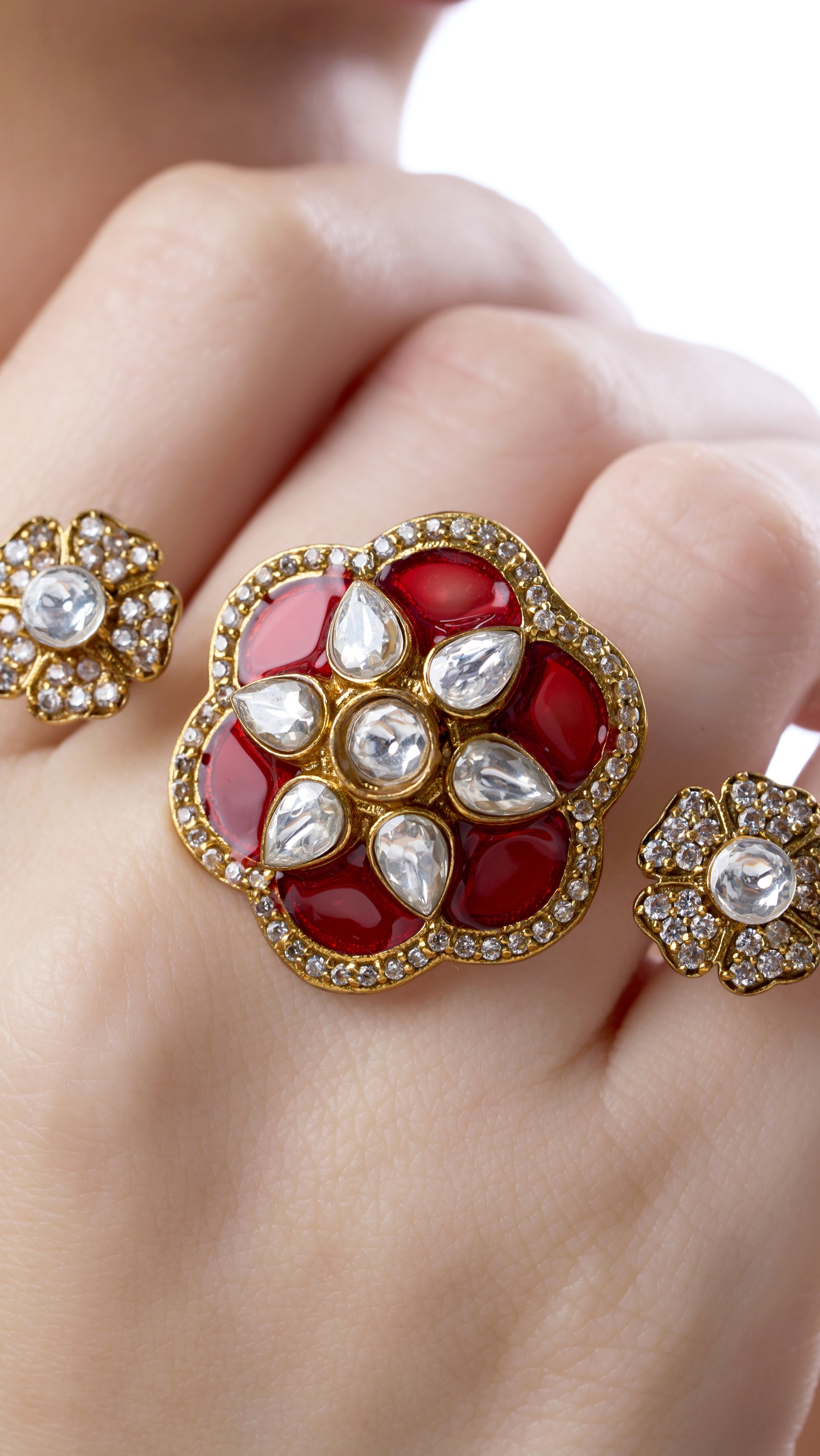 LALIMA ABSTRACT KUNDAN LEAF RING IN SEMI PRECIOUS STONES IN RED