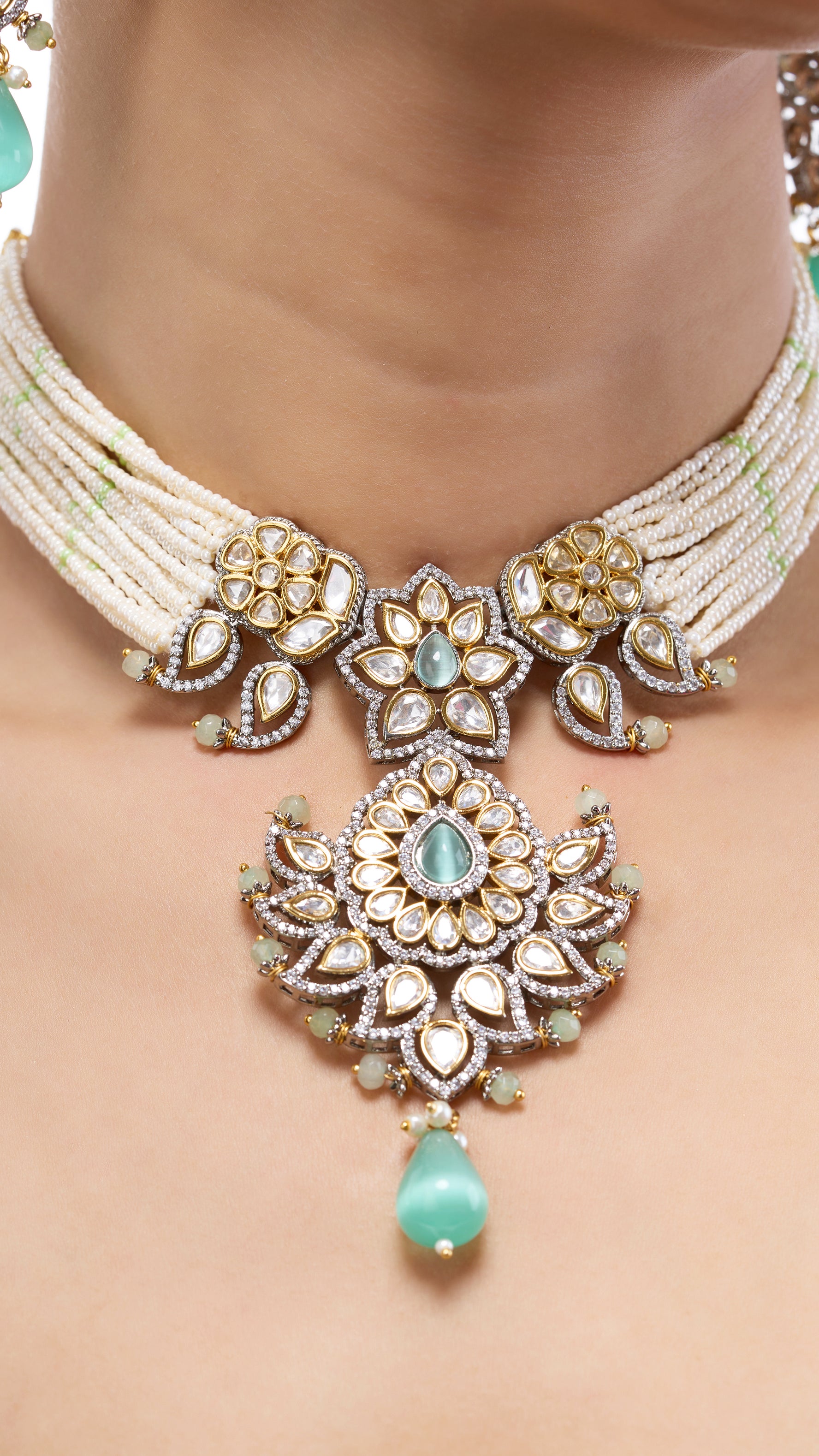 ELIZA VICTORIAN POLKI WITH PEARLS & AQUA MARINE