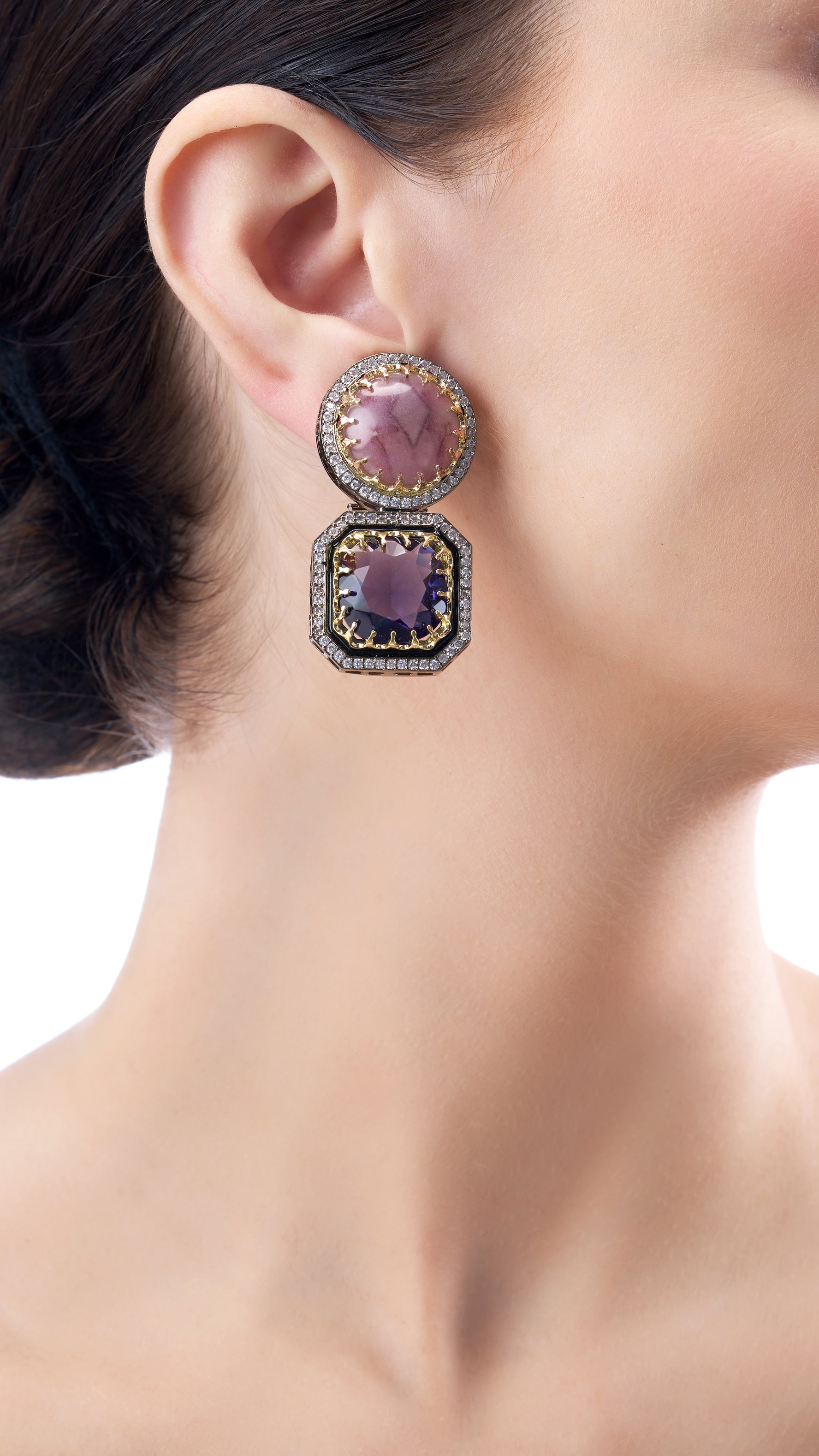 YOGINI DOUBLE STONE EARRINGS IN PURPLE SEMI PRECIOUS STONE