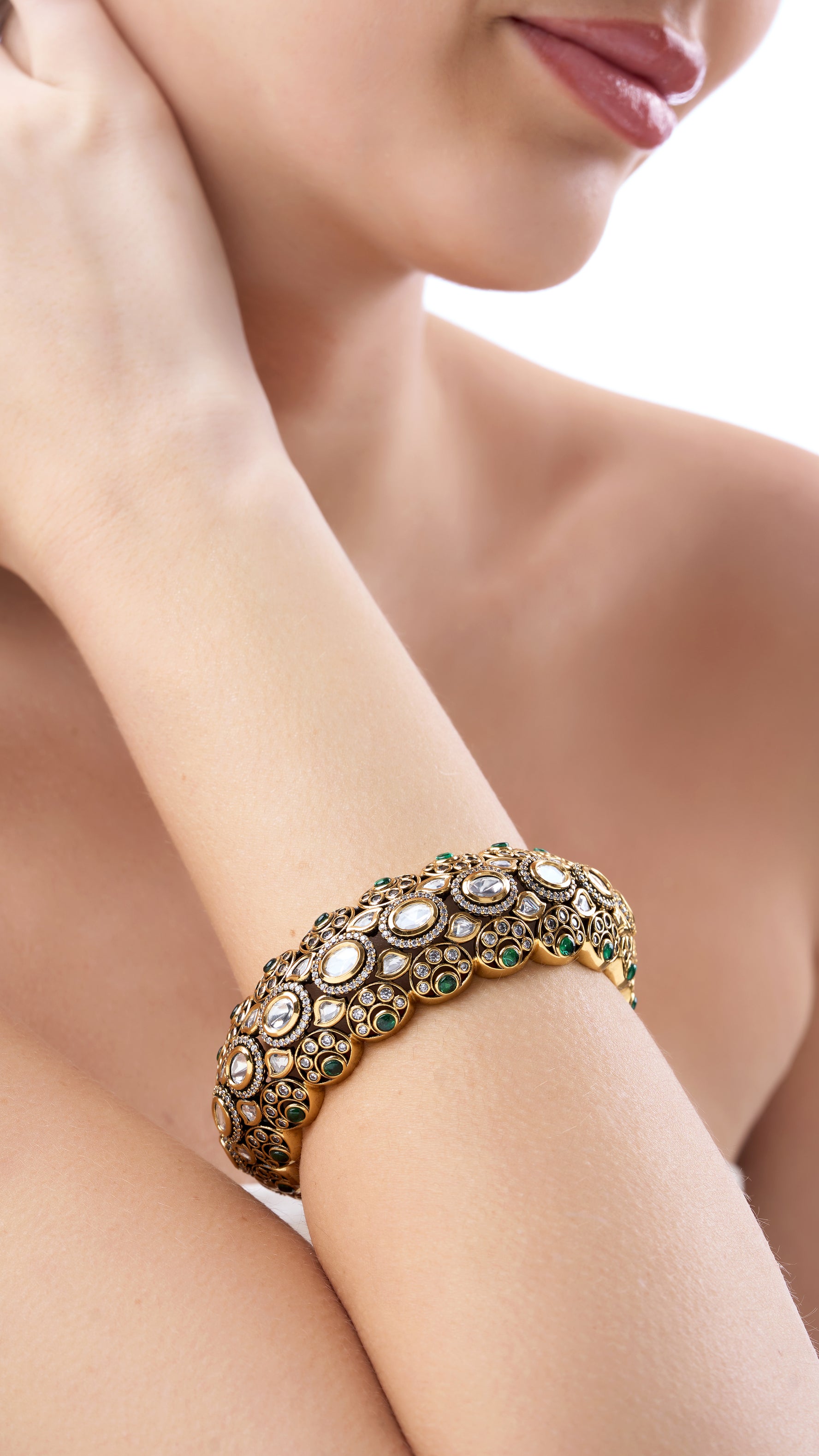 SURYANI VICTORIAN POLKI BANGLE WITH SEMI PRECIOUS STONES IN GREEN