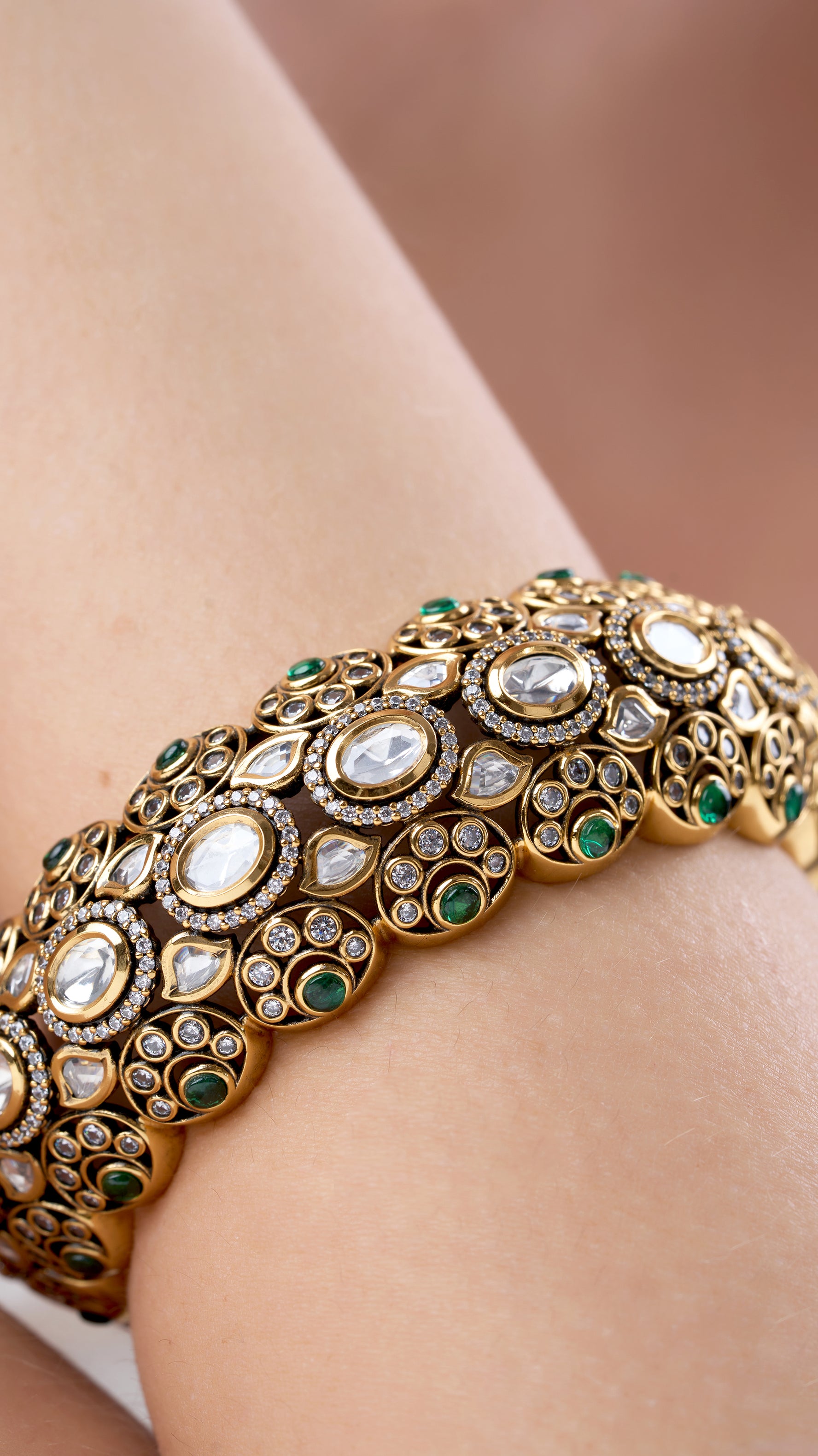 SURYANI VICTORIAN POLKI BANGLE WITH SEMI PRECIOUS STONES IN GREEN