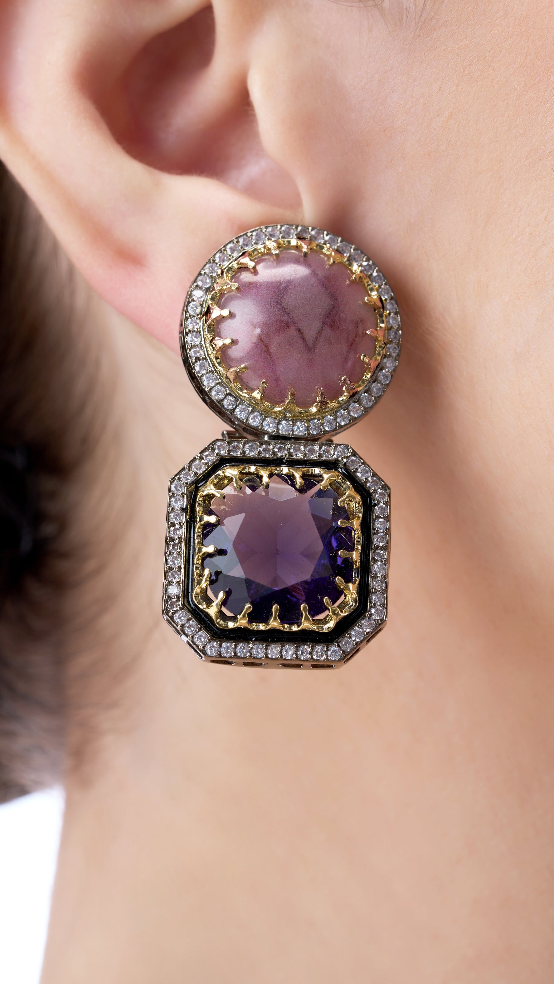 YOGINI DOUBLE STONE EARRINGS IN PURPLE SEMI PRECIOUS STONE