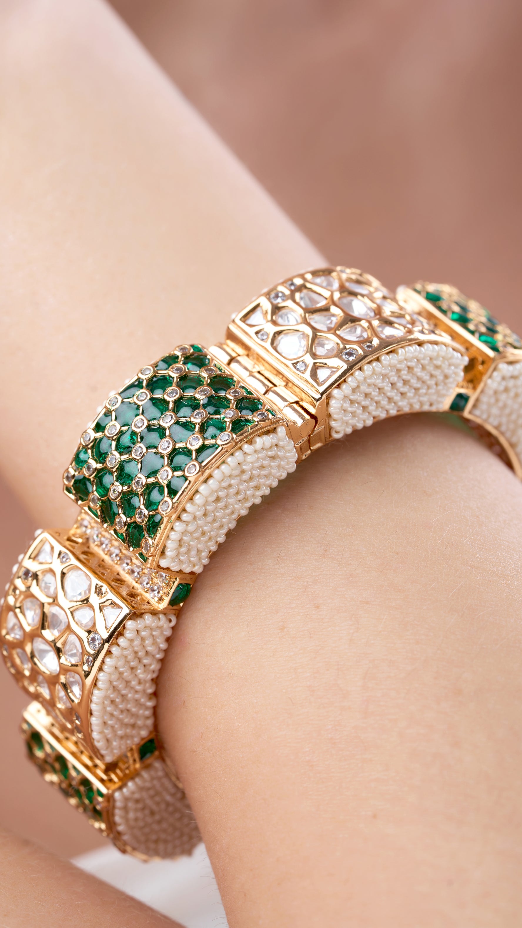 ARANI GOLD FOIL PACHELI WITH POLKI AND POTH IN GREEN