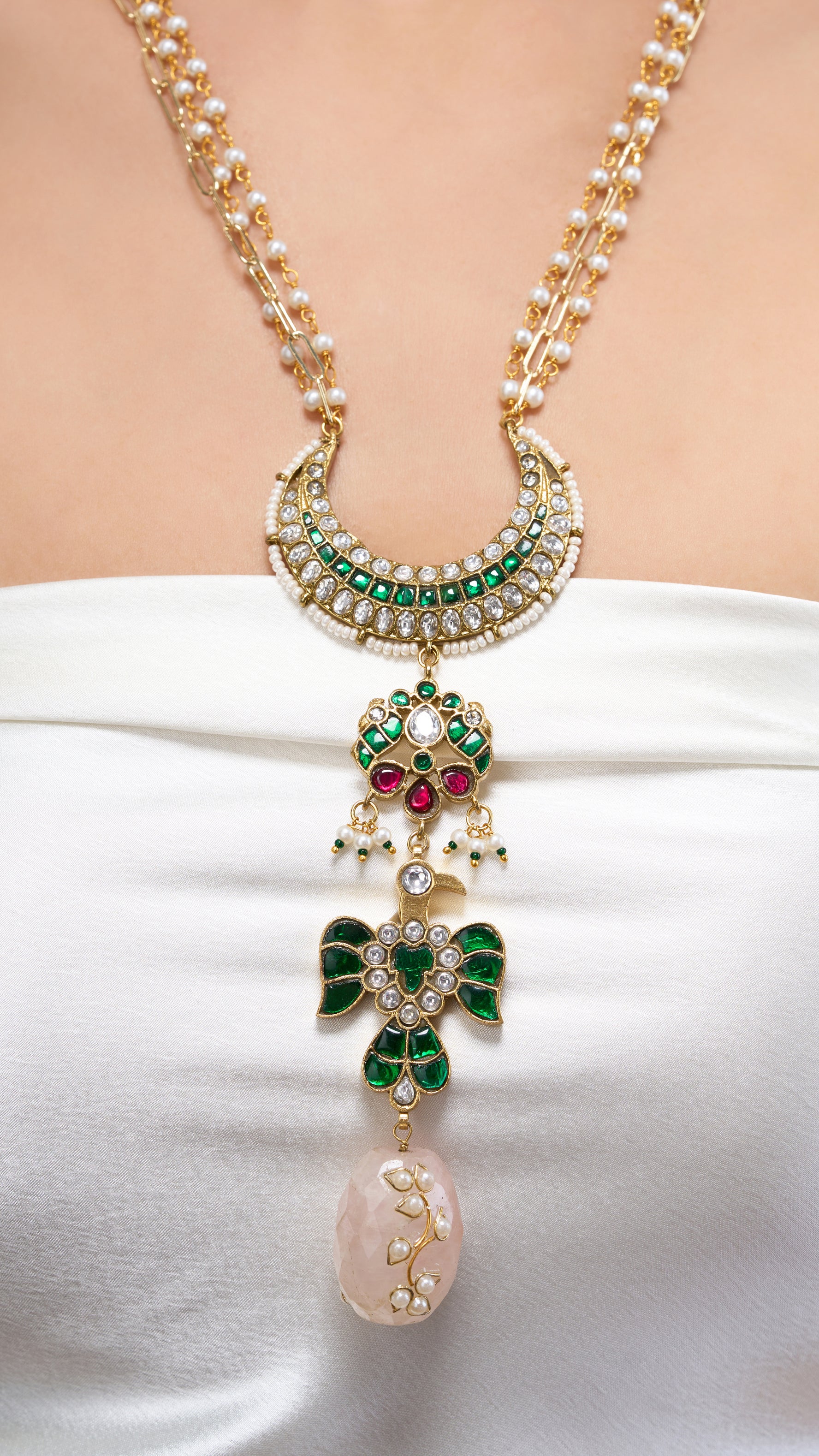 SUNDARI HAND ENAMEL LONG NECKLACE WITH PURE PEARLS