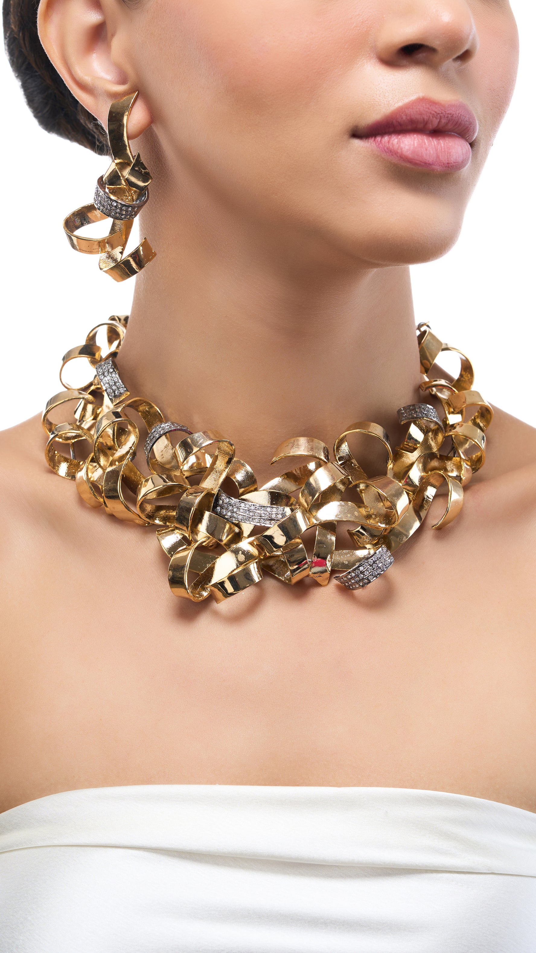 BHAGYALAKSHMI ABSTRACT GOLD FOIL NECKLACE WITH VICTORIAN ZIRCONIA