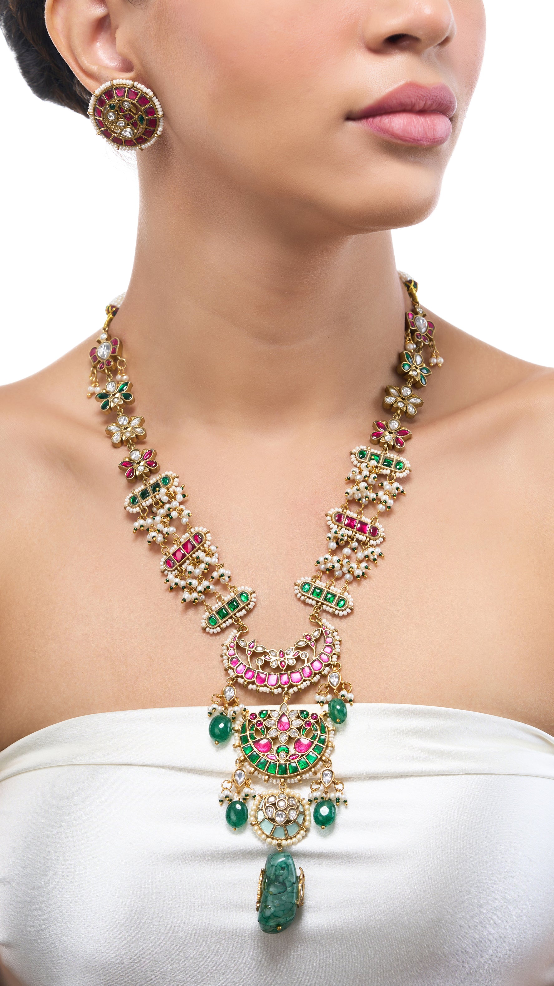 MADHURIMA HAND ENAMEL LONG NECKLACE WITH PURE PEARLS & SEMI PRECIOUS STONES