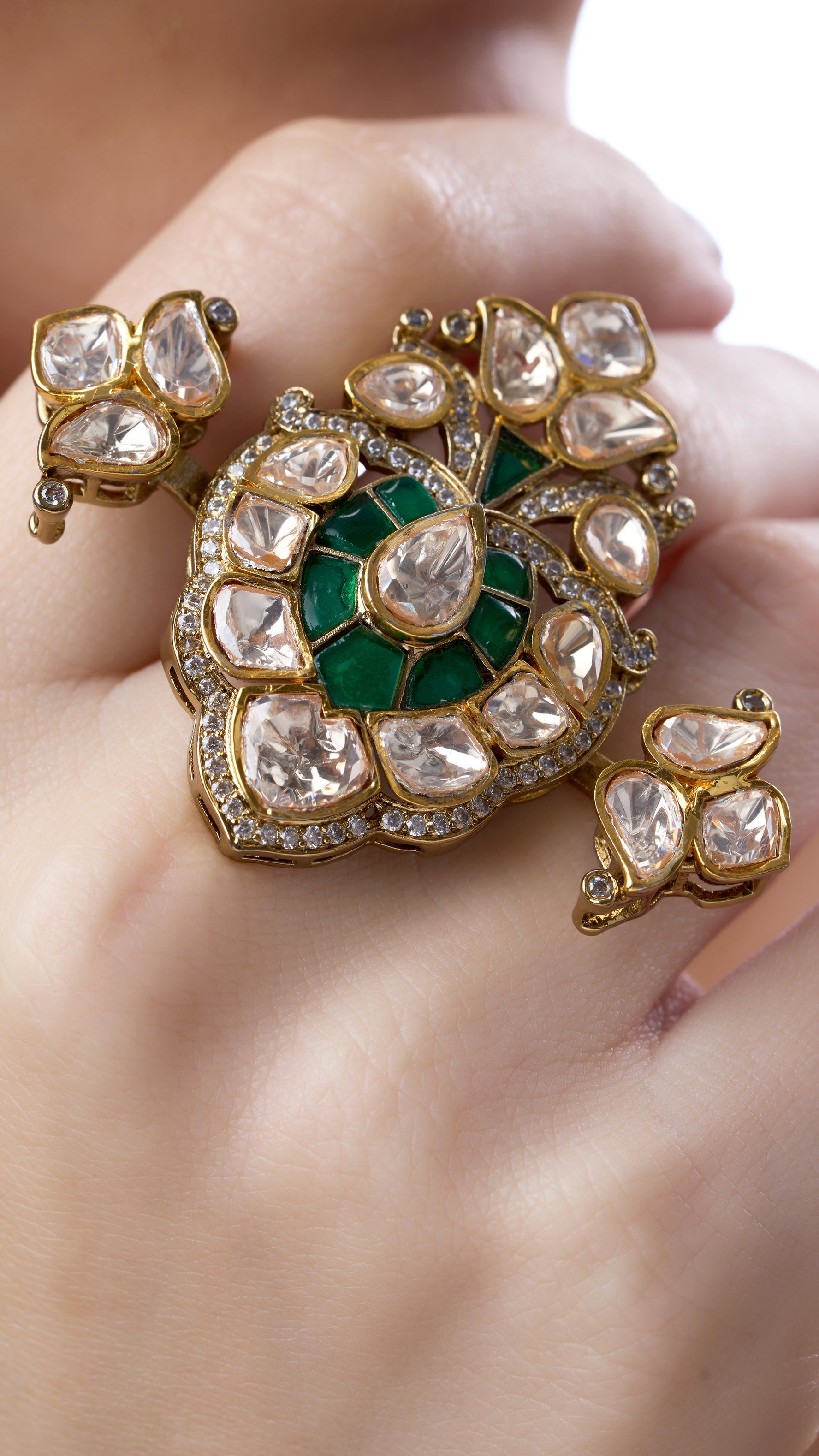 PATRA ABSTRACT KUNDAN LEAF RING IN SEMI PRECIOUS STONES IN GREEN