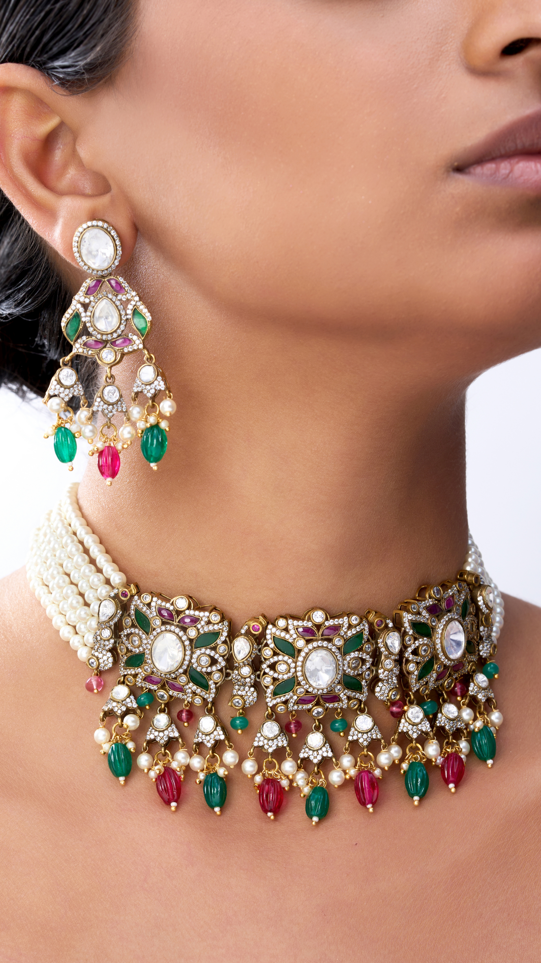 GAUHARARA VICTORIAN EMERALD & RUBY POLKI NECKLACE SET