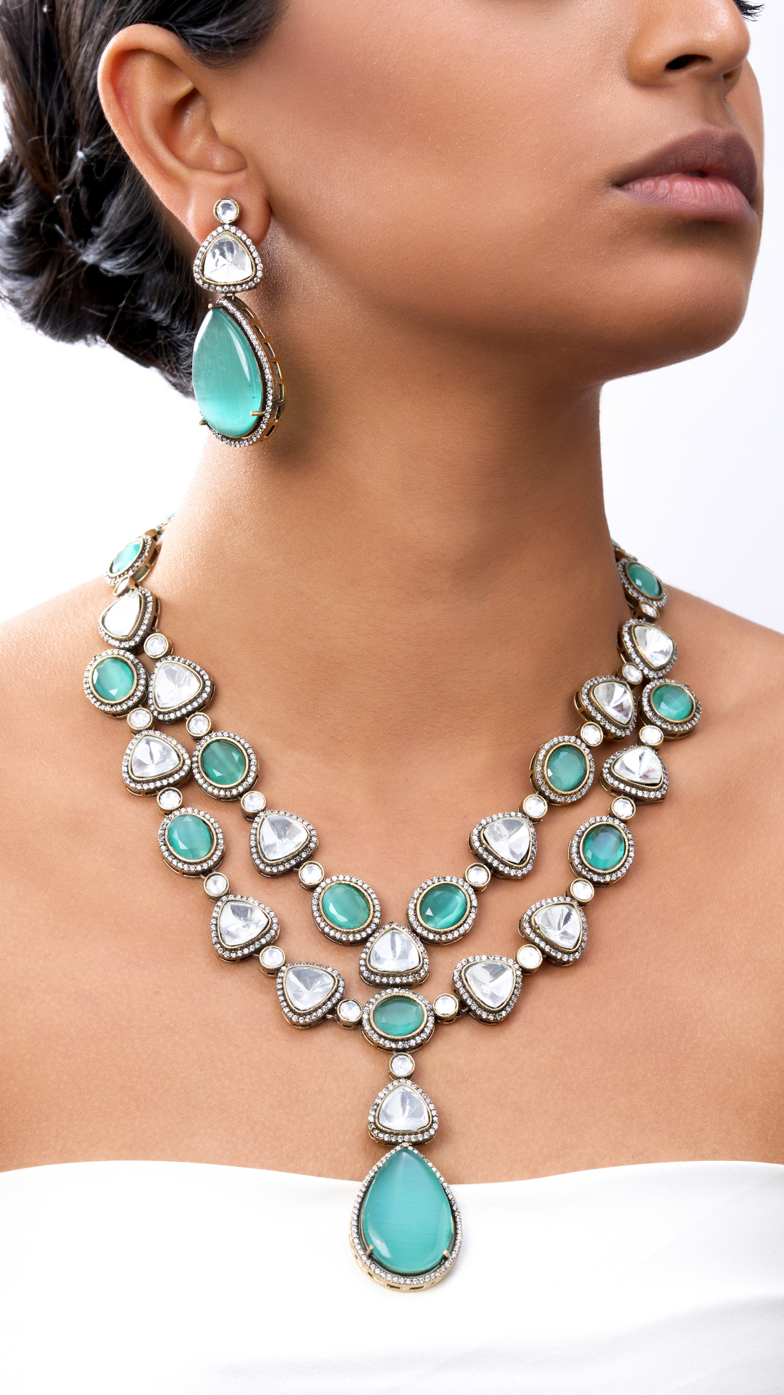 ANABELLA AQUA MARINE DOUBLE STRING POLKI NECKLACE SET