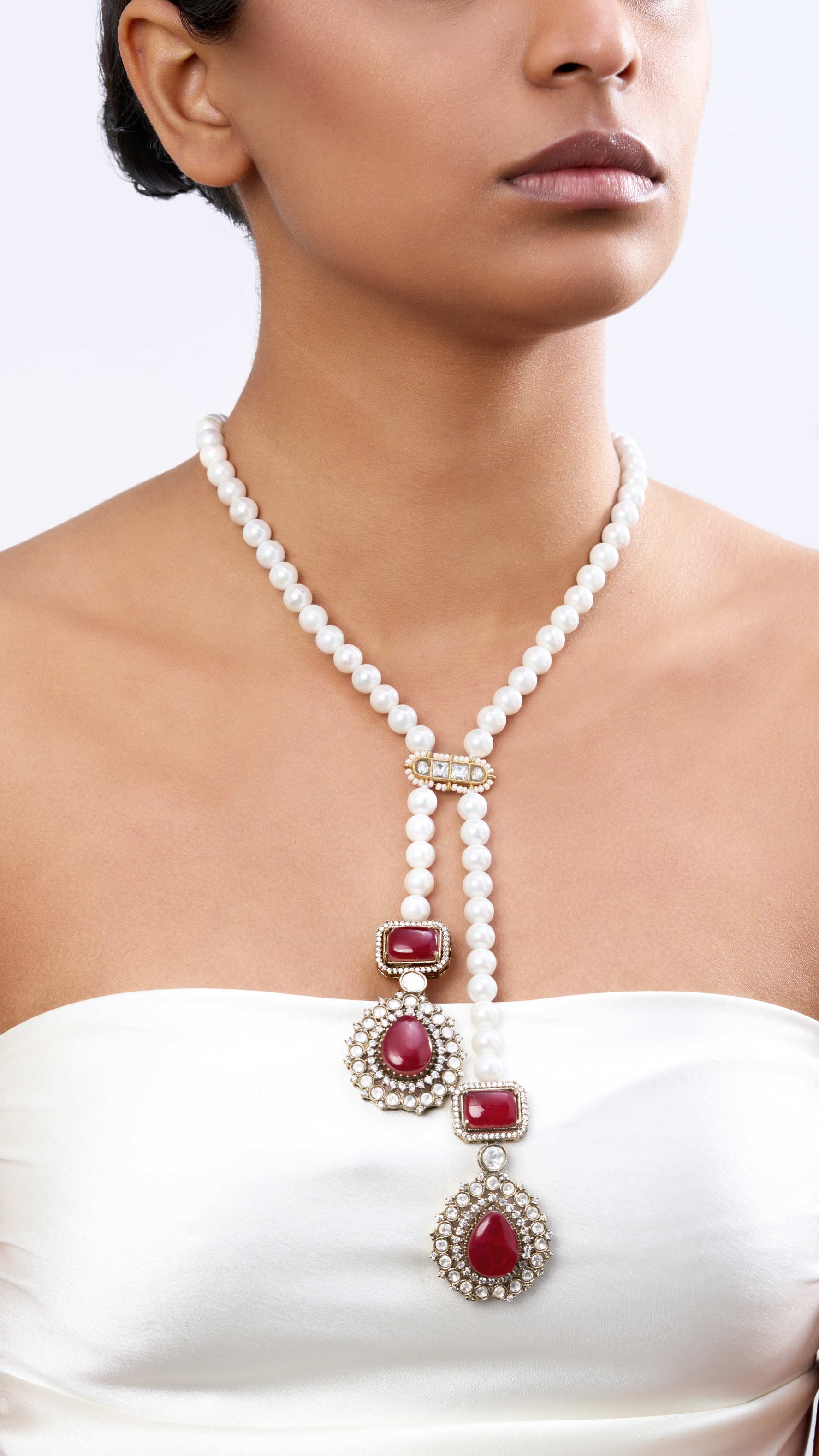LIANA VICTORIAN MOISSANITE PEARL SCARF -RED NECKLACE