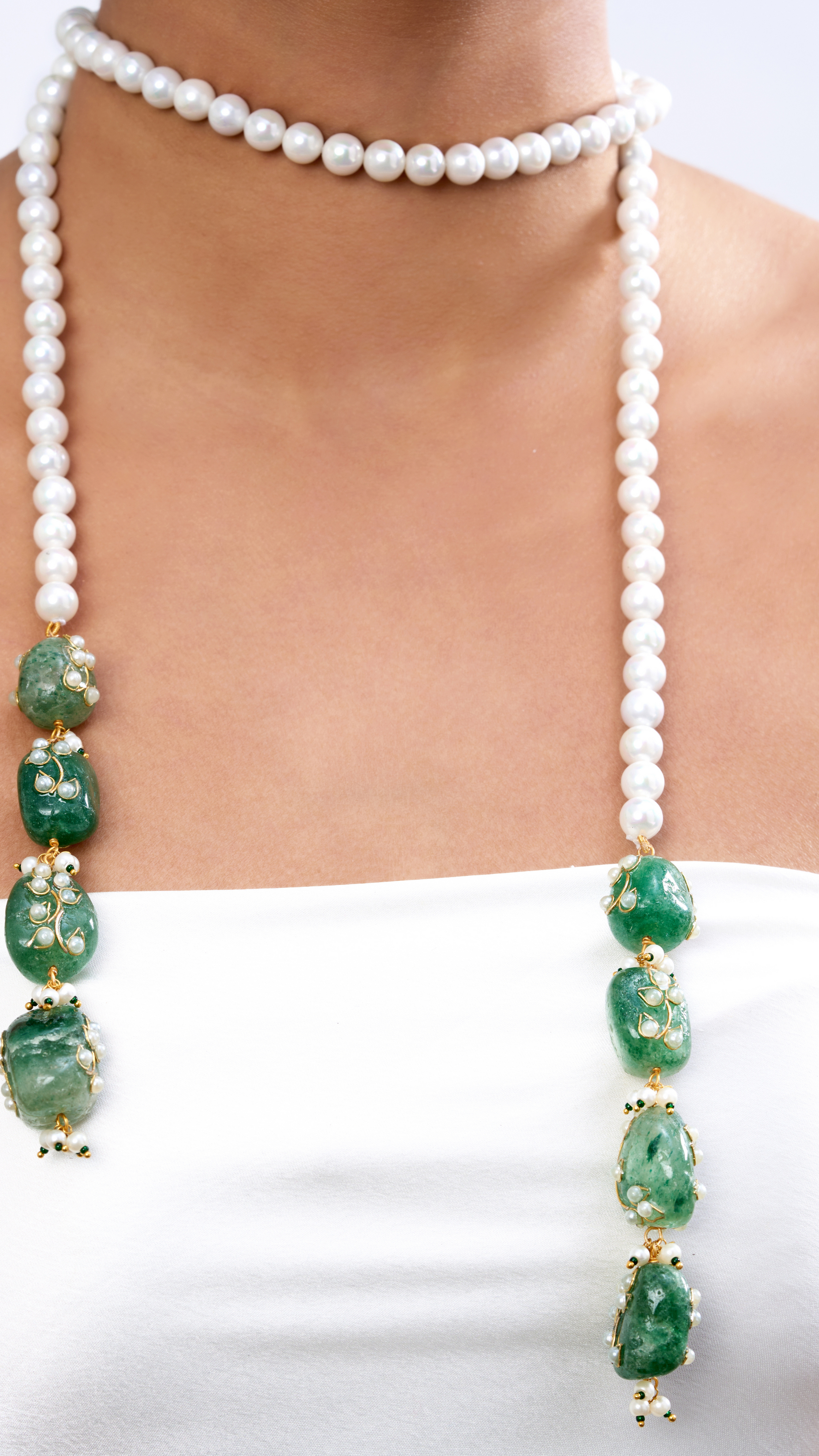 ZARA PEARL & PURE STONE HAND ENGRAVED SCARF NECKLACE- GREEN