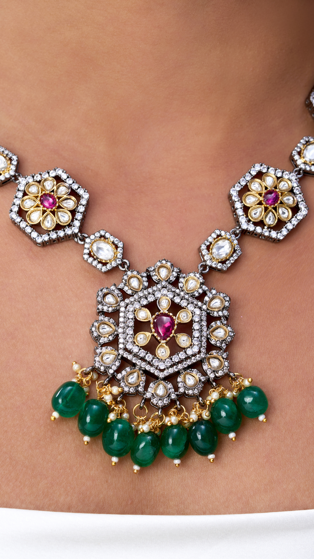 MRINALINI VICTORIAN EMERALD & POLKI NECKLACE SET