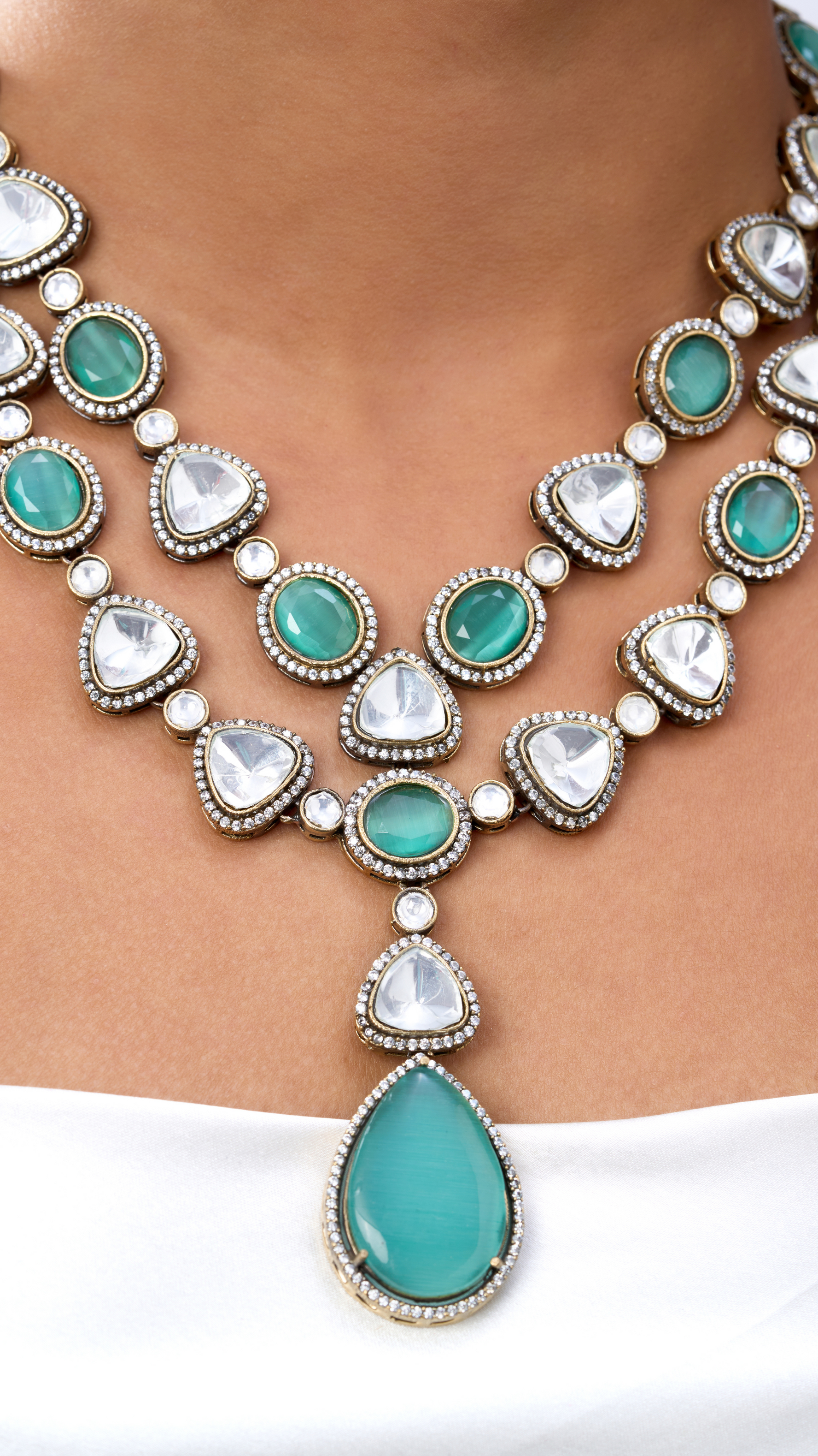 ANABELLA AQUA MARINE DOUBLE STRING POLKI NECKLACE SET