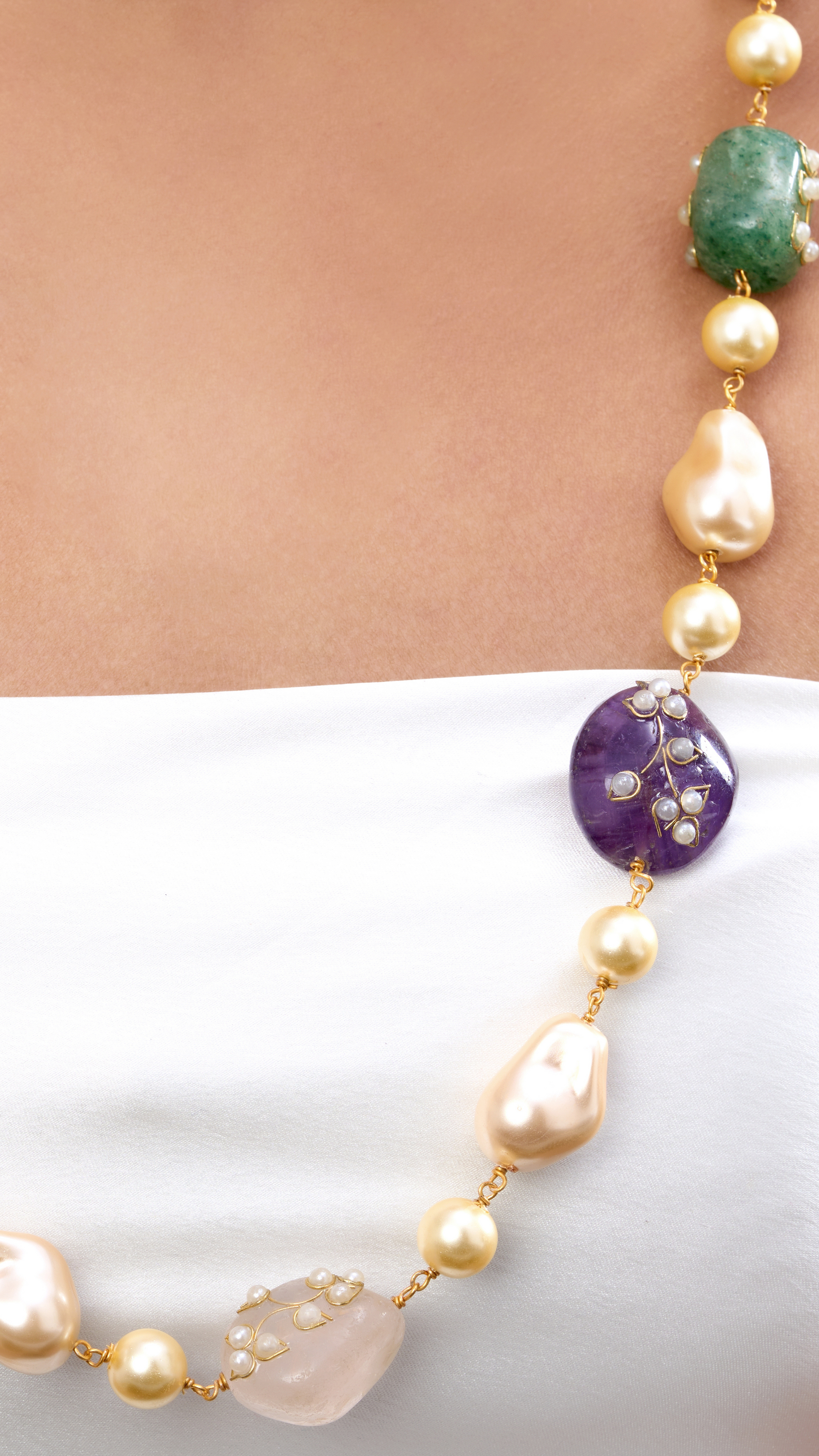 SARAH LONG PEARL & STONE NECKLACE