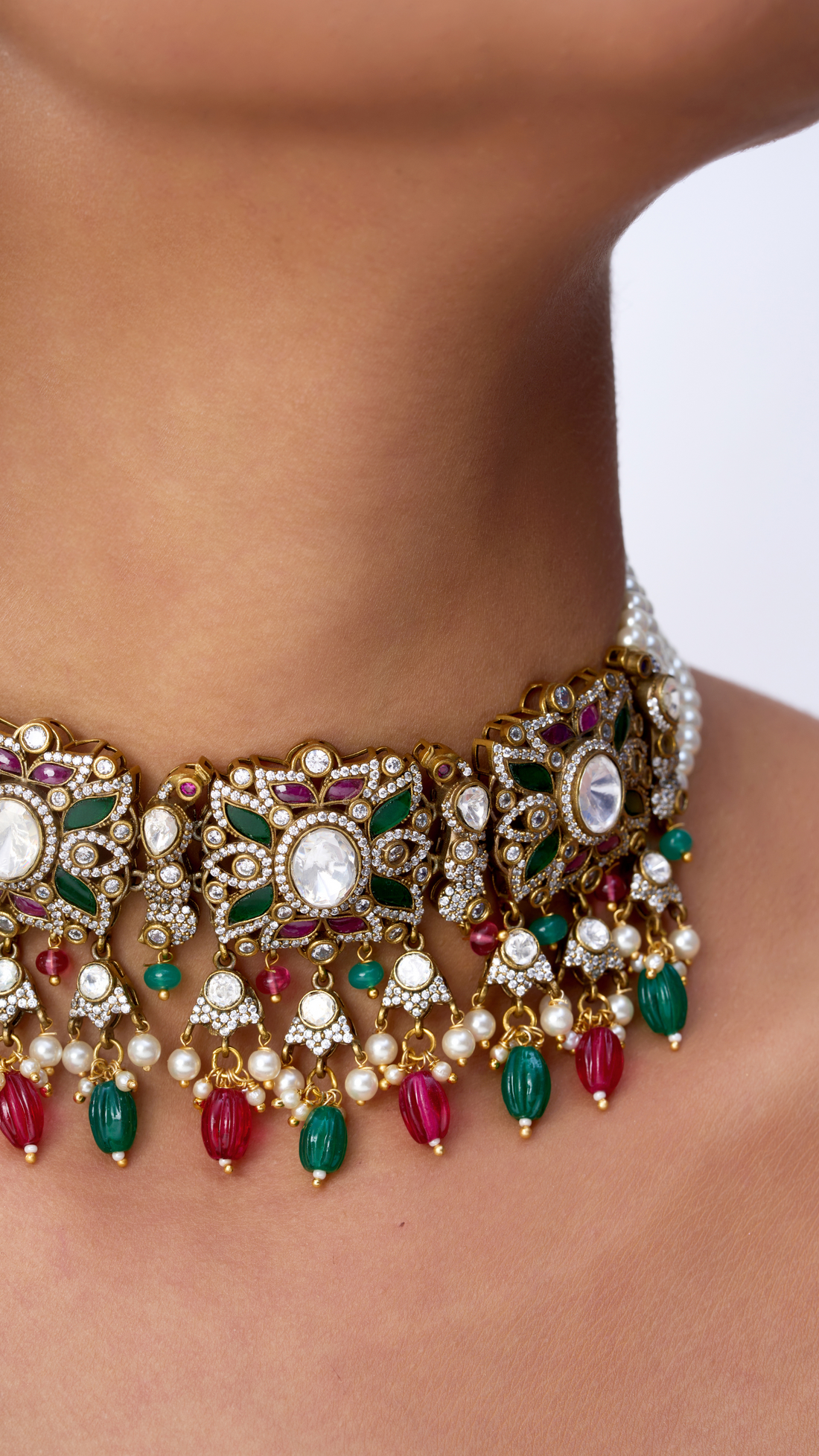 GAUHARARA VICTORIAN EMERALD & RUBY POLKI NECKLACE SET