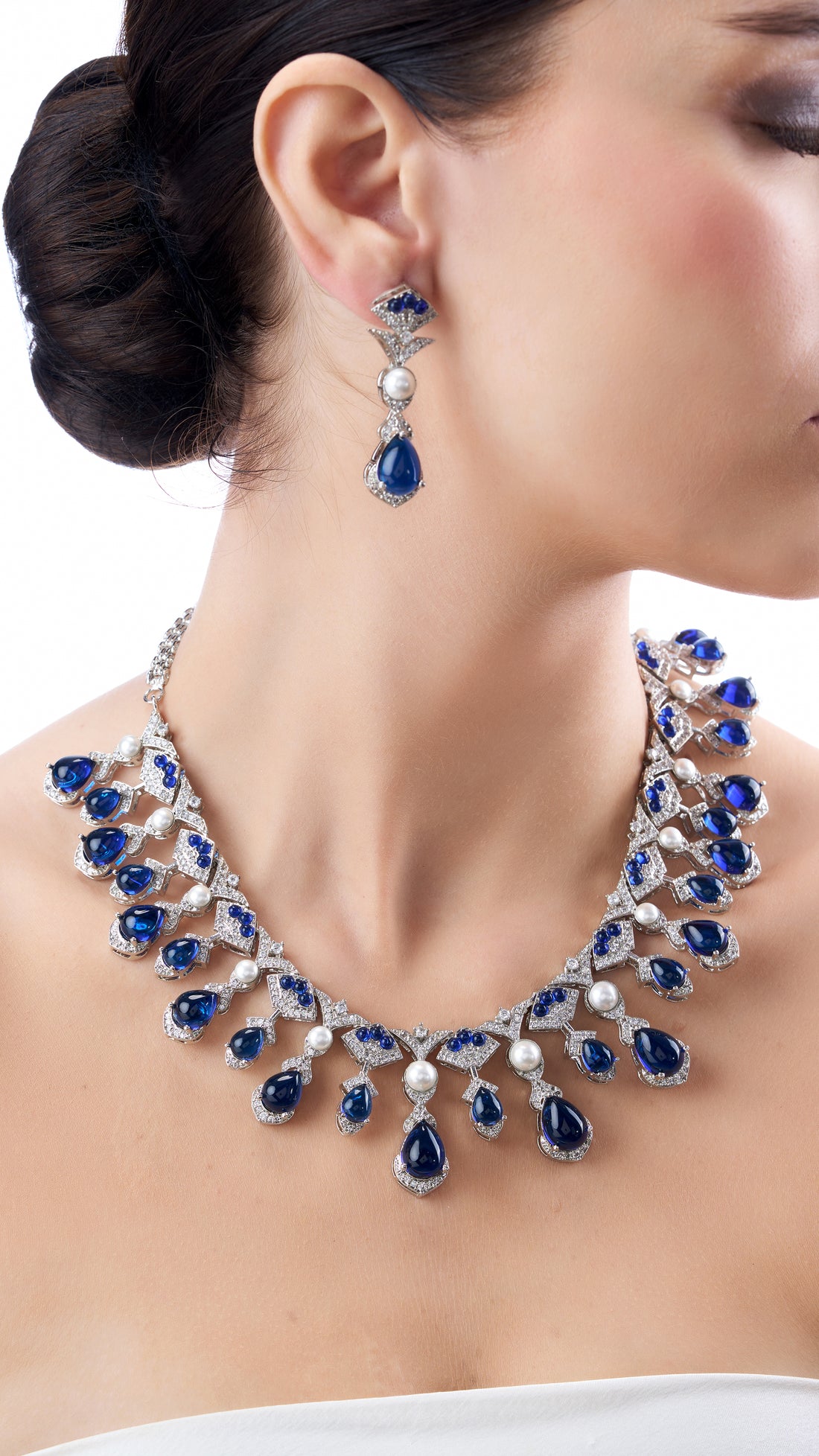 DEVANSHI MOISSANITE  NECKLACE SET WITH PURE PEARL AND LAPIS SEMI PRECIOUS STONES